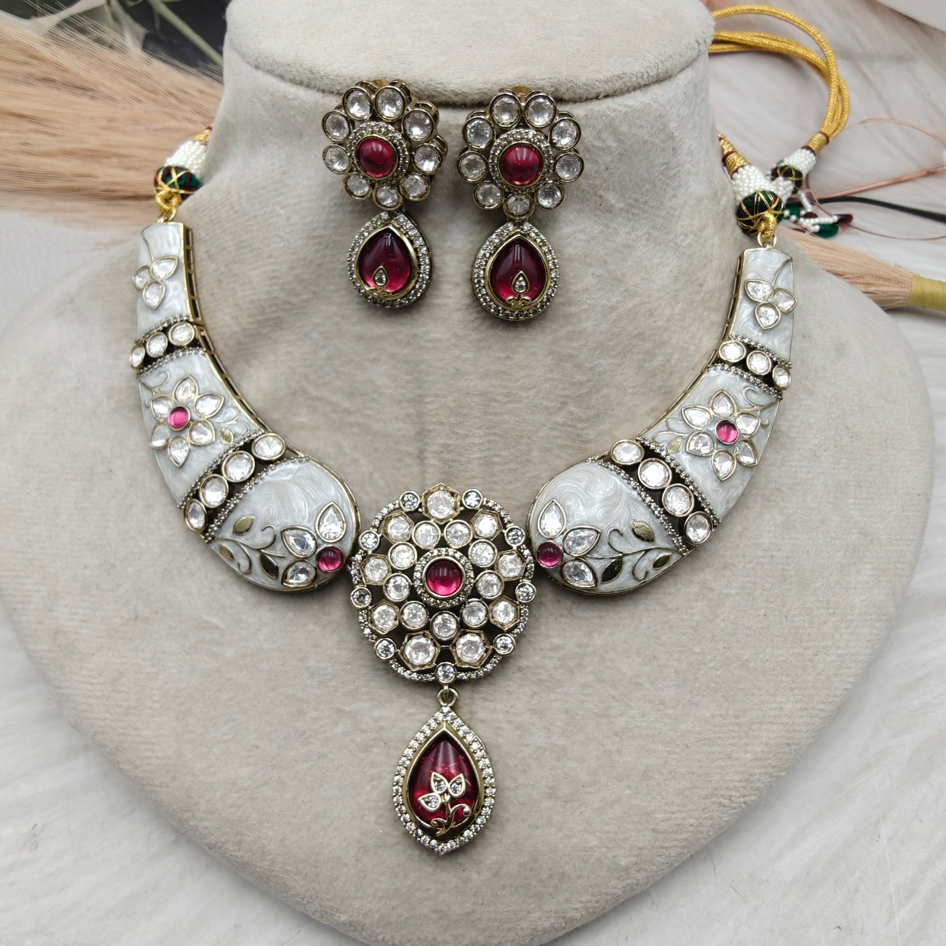 Noor-e-Gul Enamel work Moissanite Hasli Set- Ruby