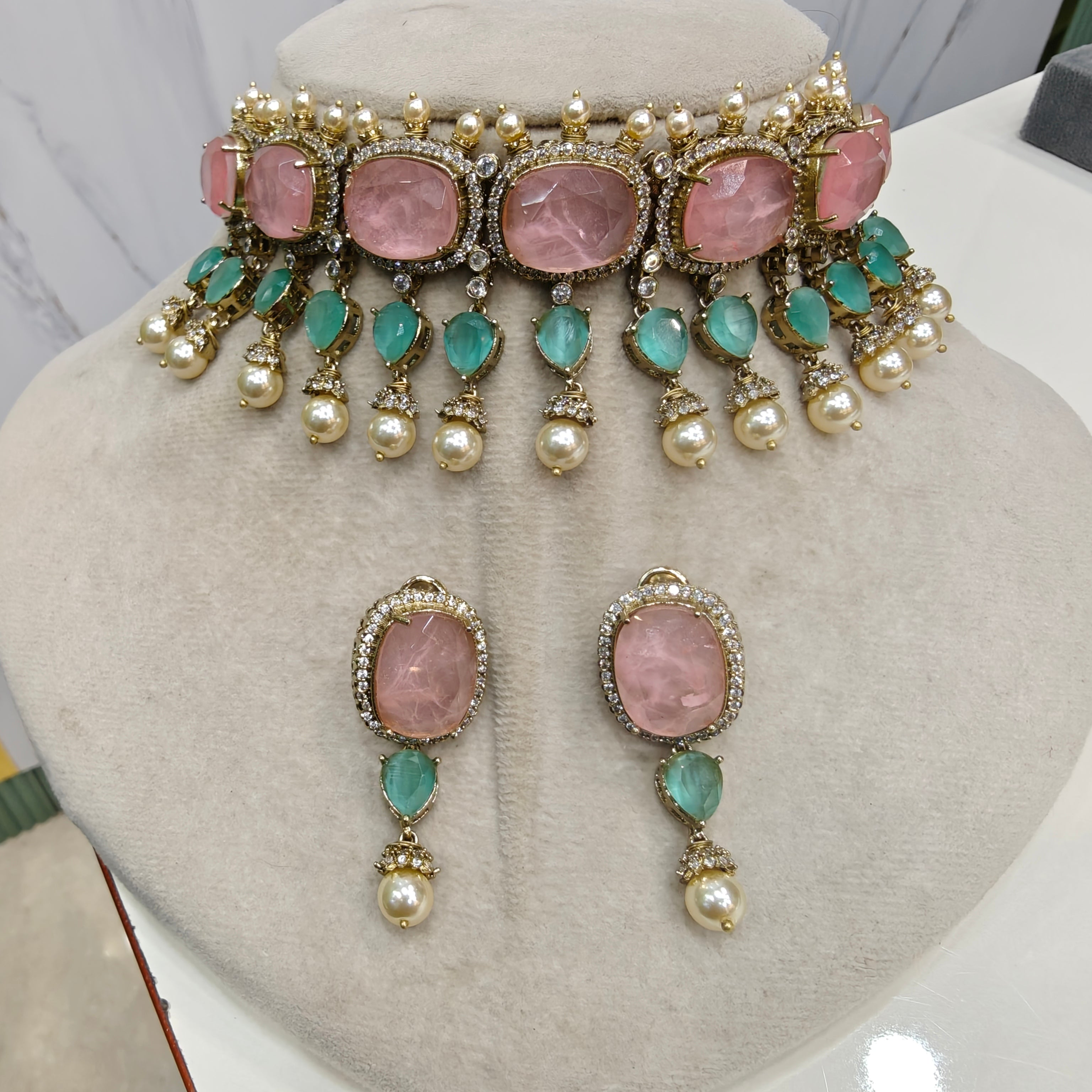 Dua Deepika Inspired Statement Choker Set- Pink Mint