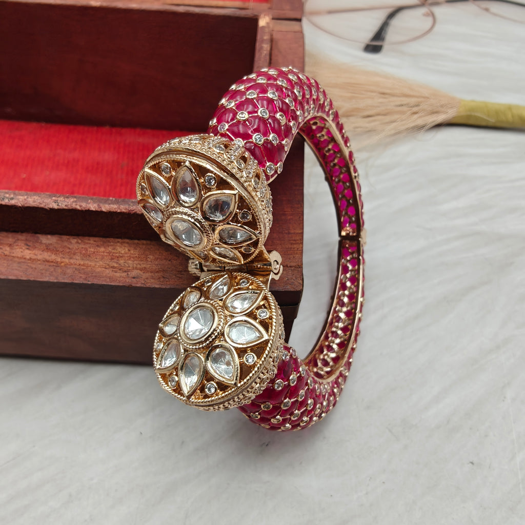 Rubani Sunheri Moissanite Kundan Openable Bracelet - Ruby