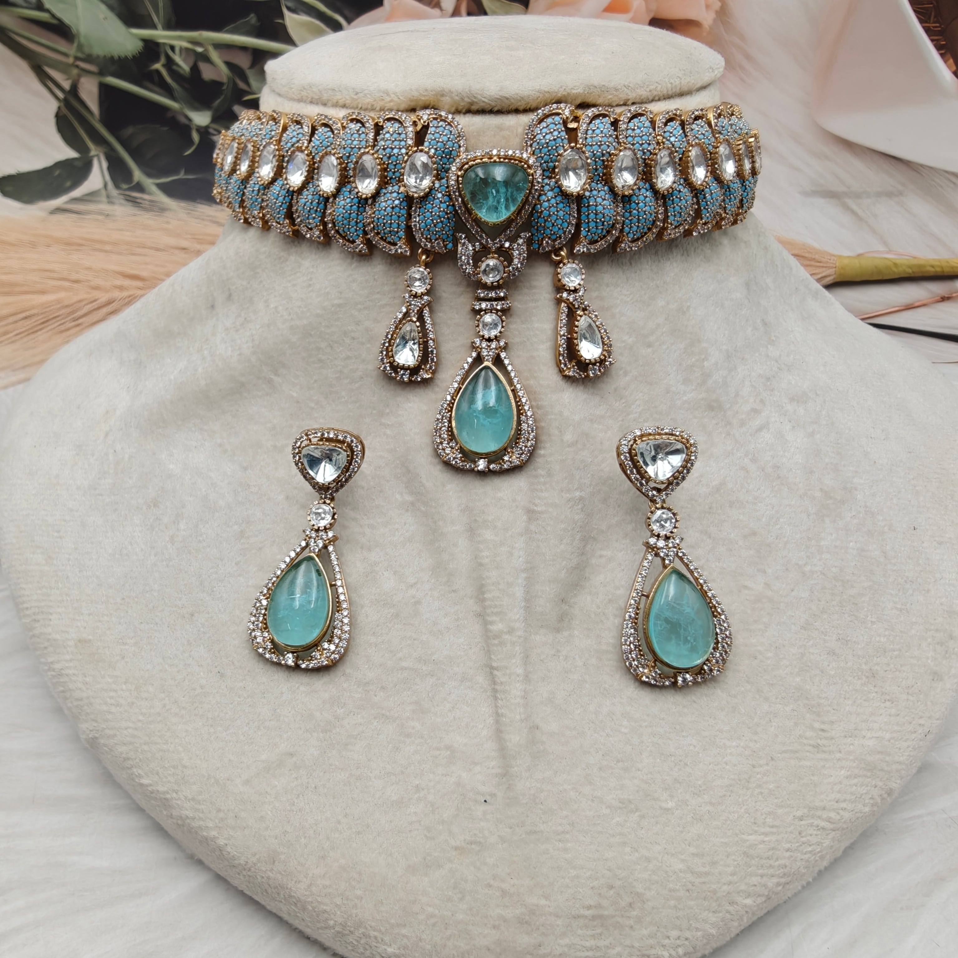 Sultanat Doublet Choker Set- Sky Blue