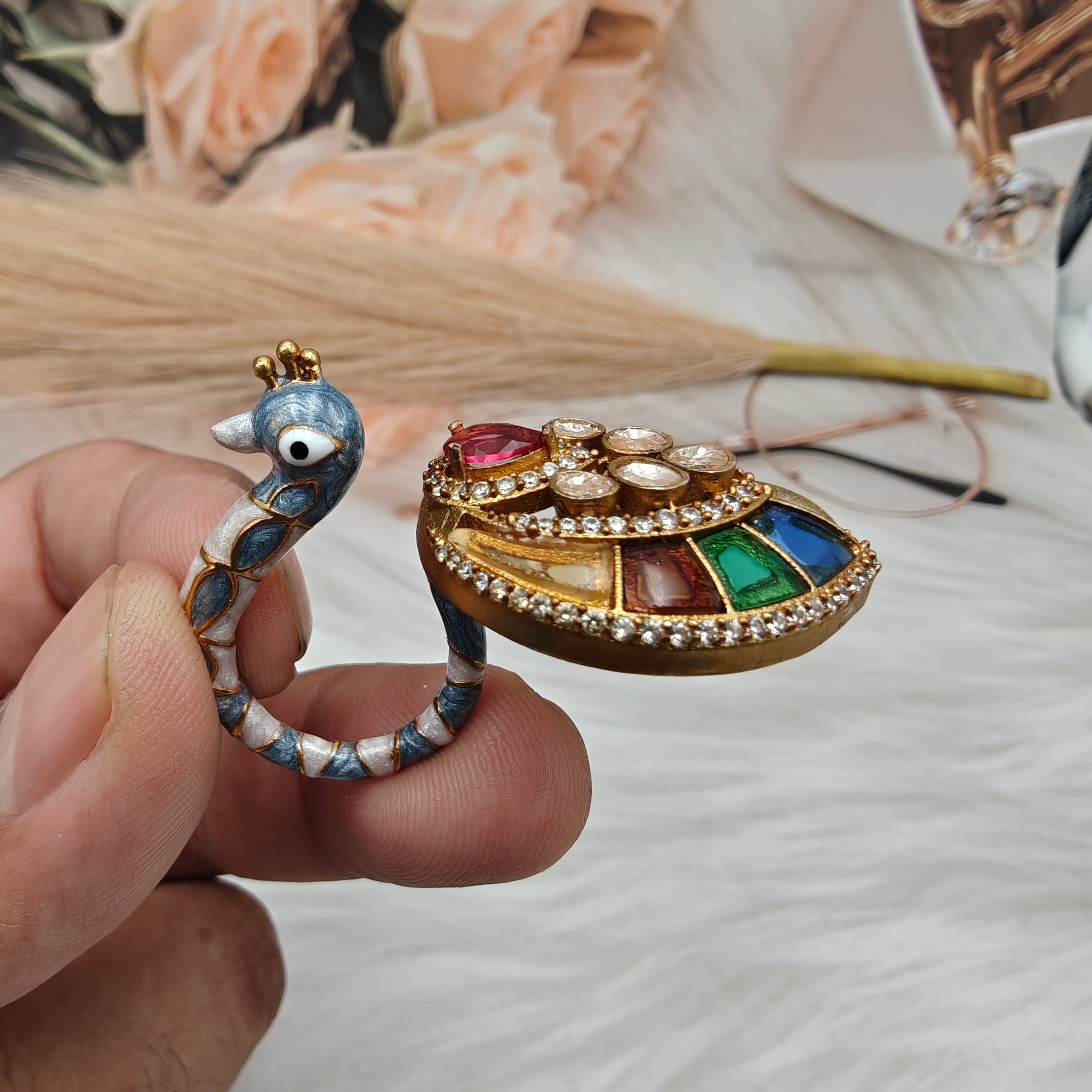 Morni Moissanite Italian Enamel Statement Ring- Grey Blue- Multi