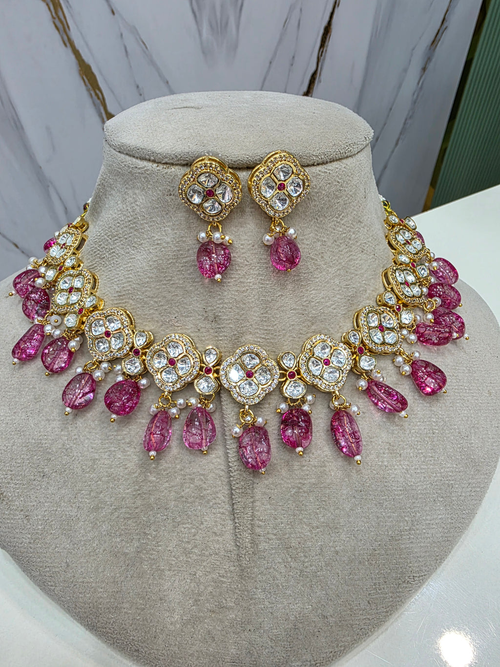 Anvesha Tyani Kundan Necklace Set- Onion Pink