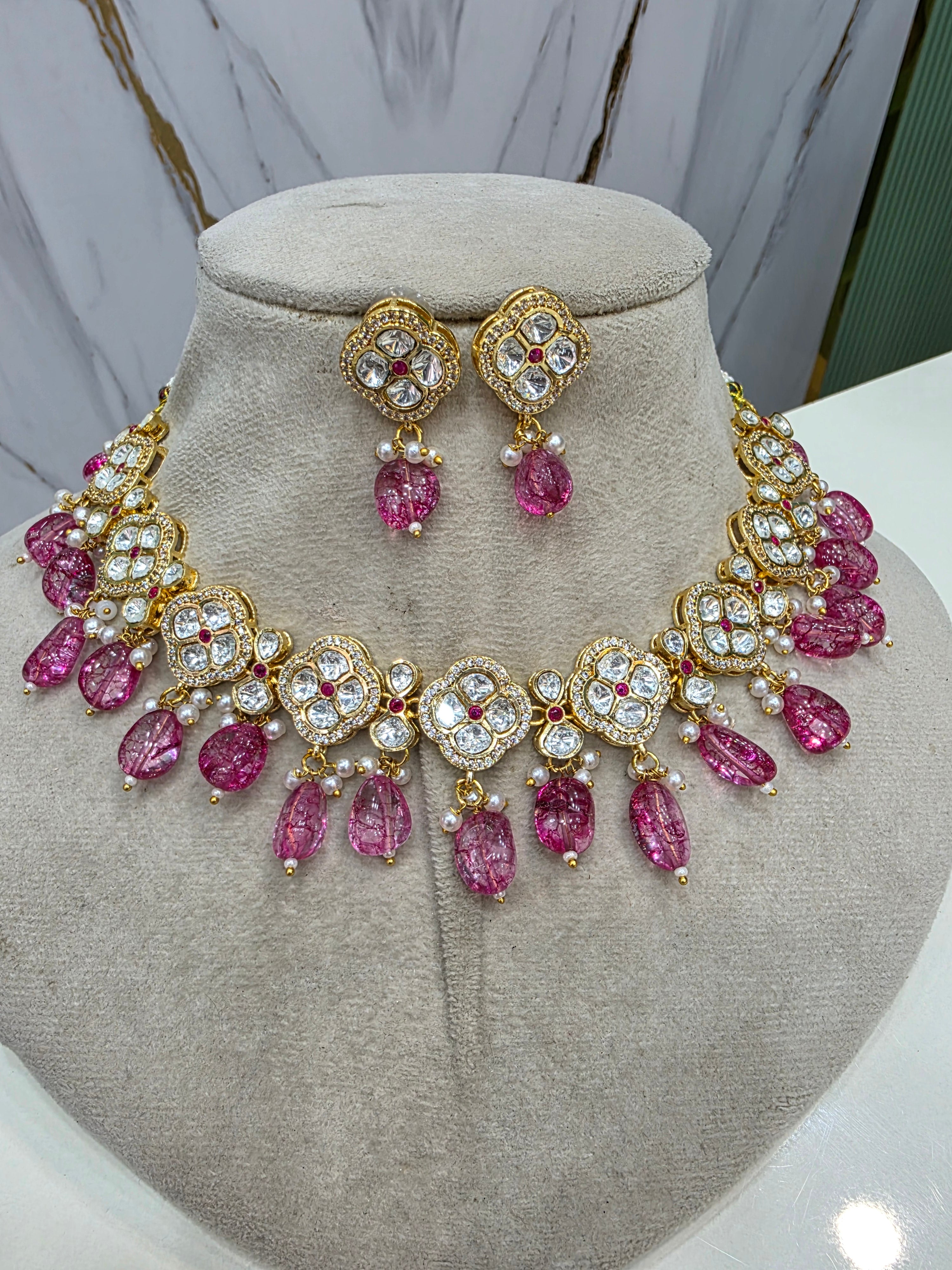 Anvesha Tyani Kundan Necklace Set- Onion Pink