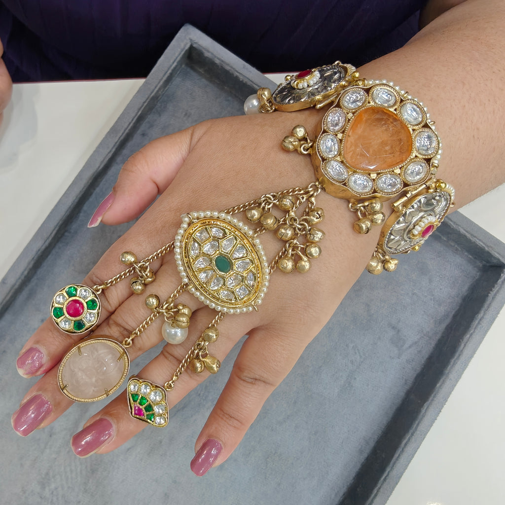 Shaheen Handcrafted Brass Fusion Hathphool- Peach and Rose Quartz
