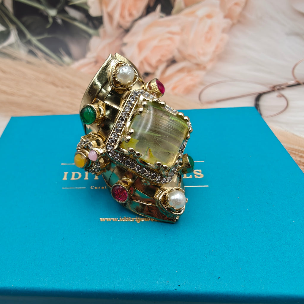 Anshika Brass Fusion Handcrafted Gemstone Sabya Inspired Statement Ring- Yellow