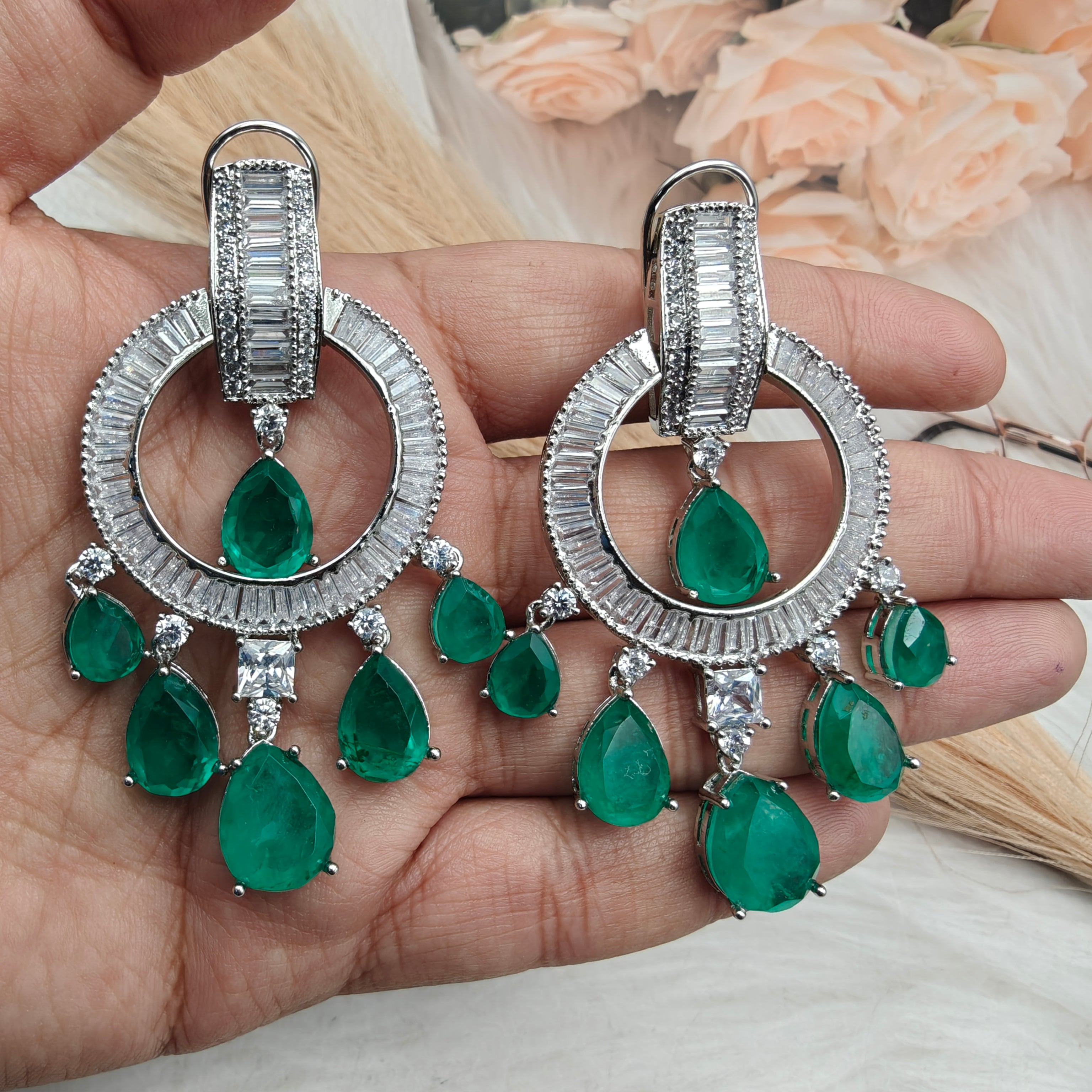 Staily Statement Cocktail Doublet and Baguette Earrings- Green
