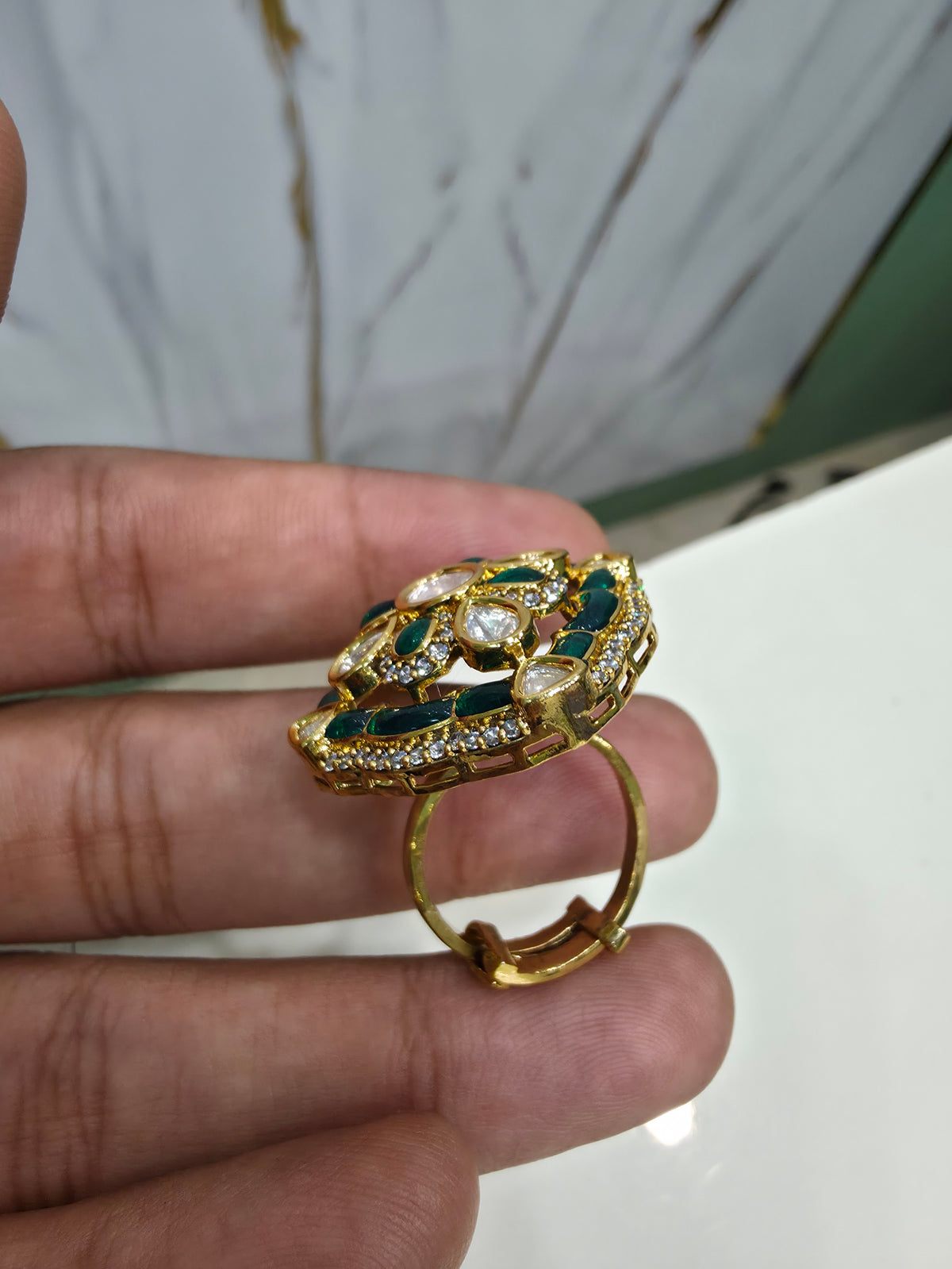 Spardha Moissanite Polki Adjustable Ring- Emerald Green