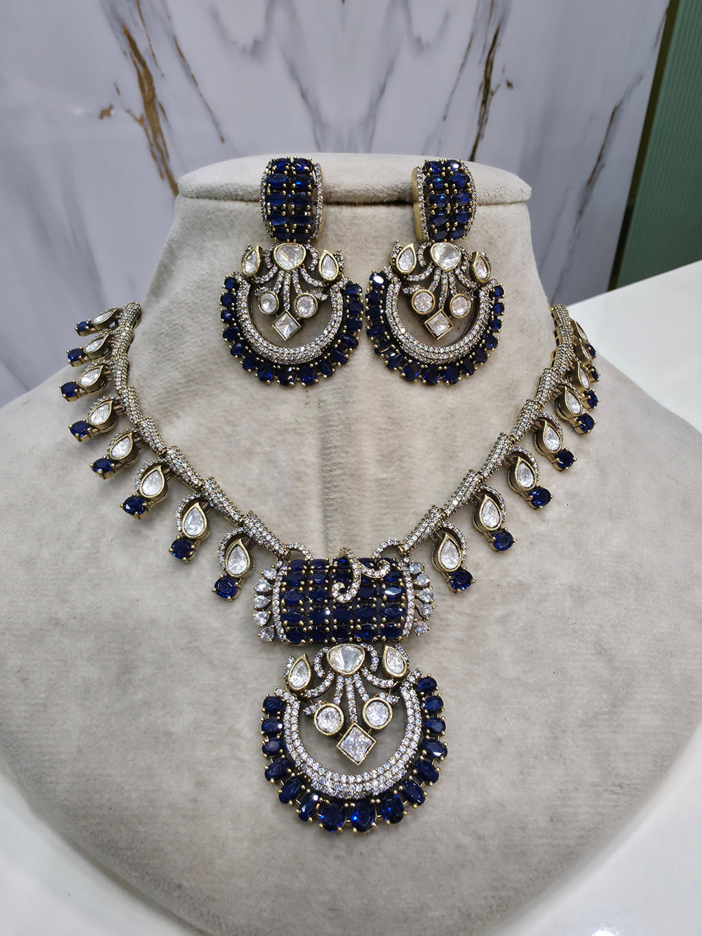 Radhya Polki Necklace Set- Blue