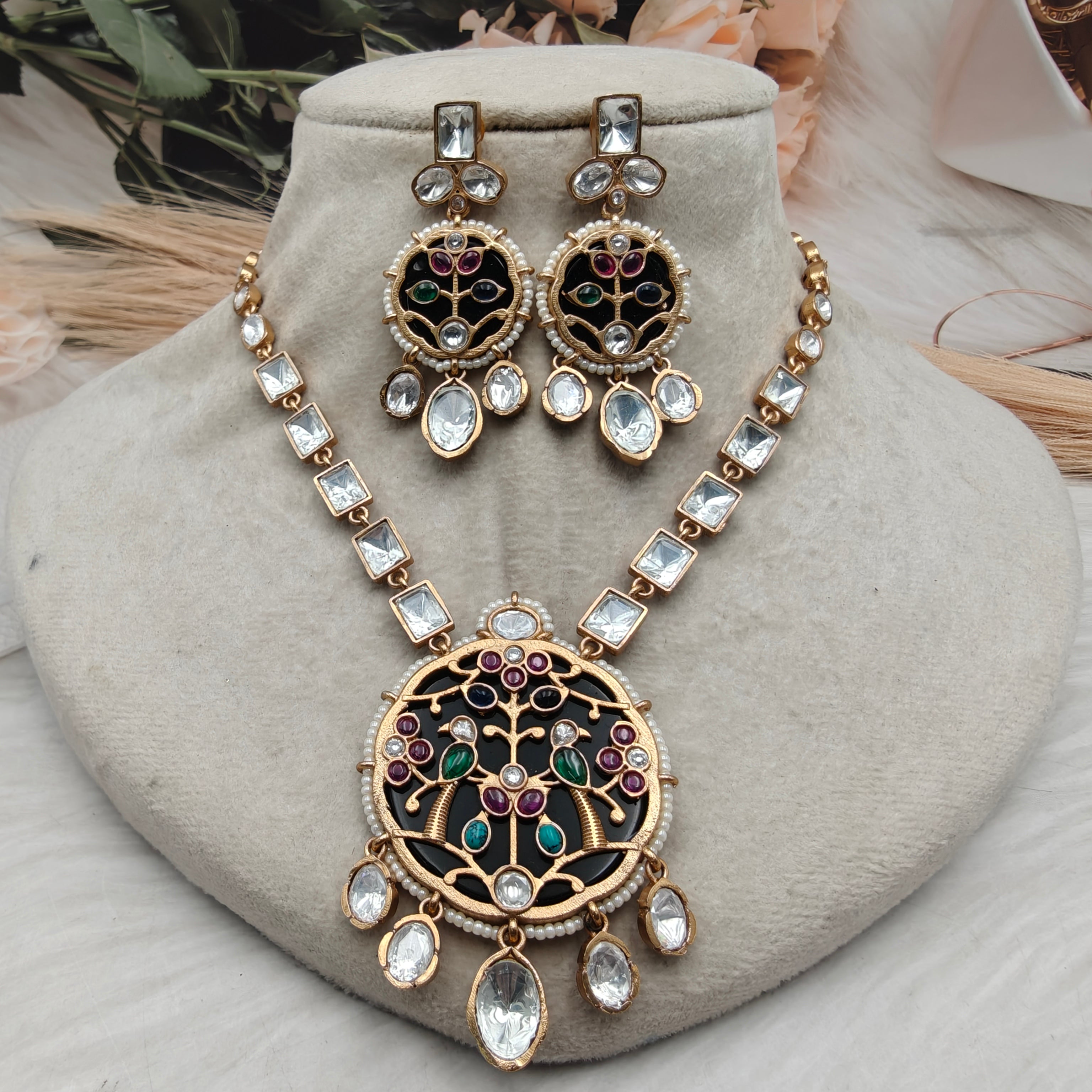 Radhya Panchi Holdali Uncut Polki Necklace Set - Black