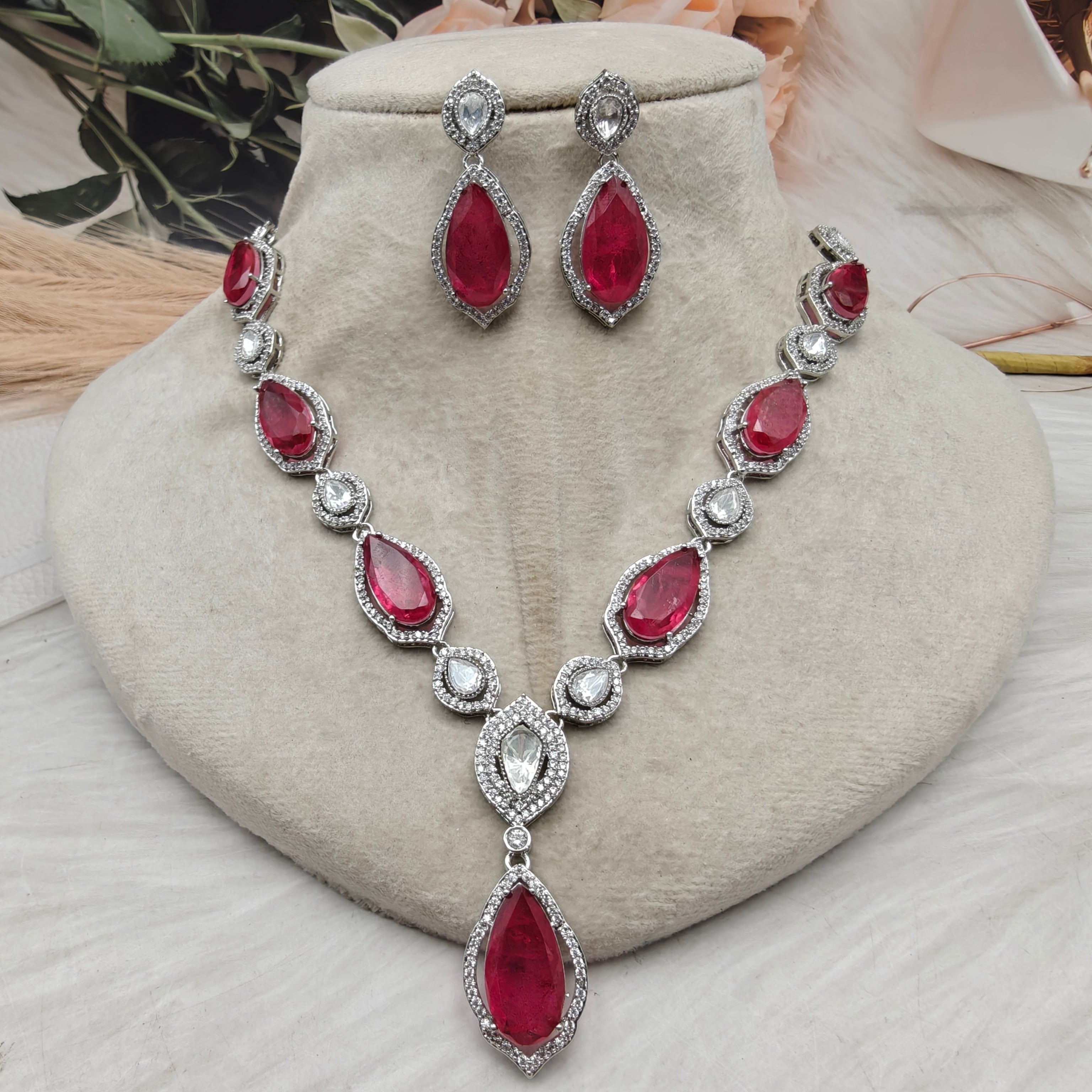 Anusha Doublet and Uncut Polki Necklace Set (Silver Finish)- Ruby