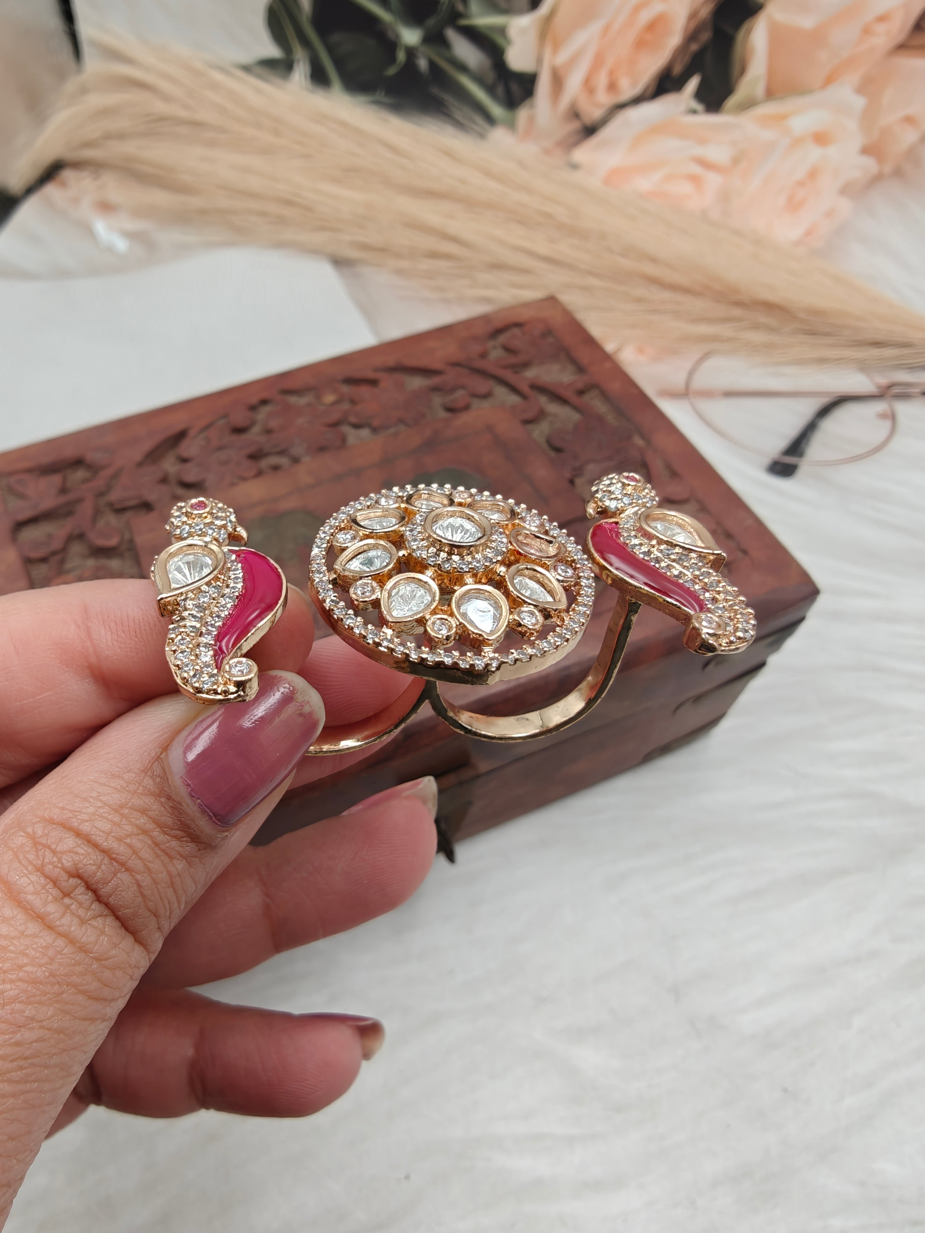 Lavya Bird Moissanite Double Finger Ring - Ruby