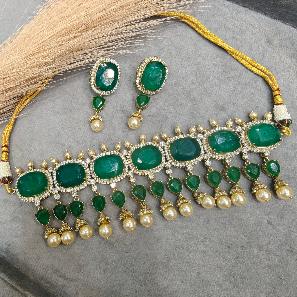 Dua Deepika Inspired Statement Choker Set- Emerald Green