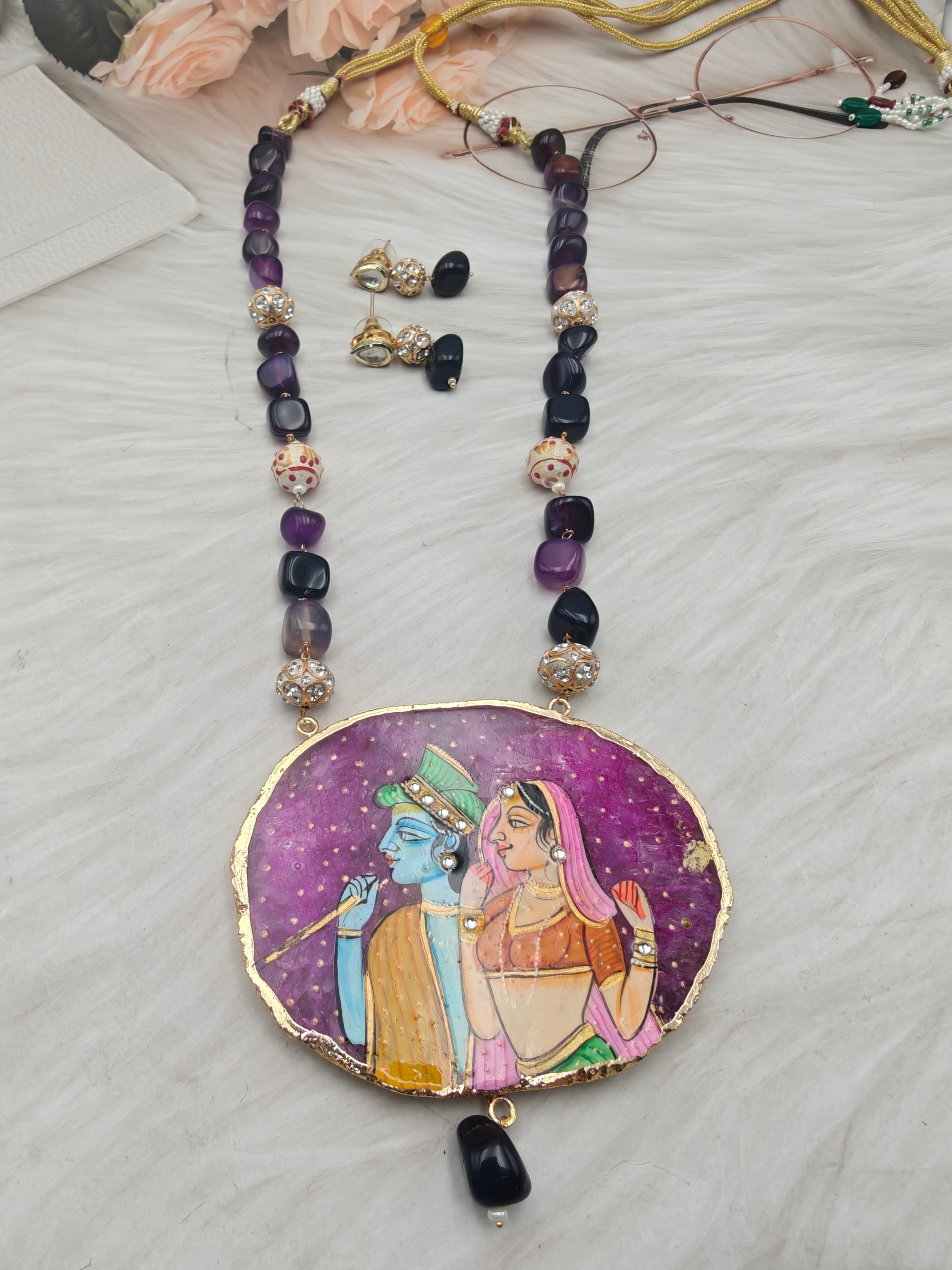 Radha Krishna Tanjore Natural Stone Necklace Set - Purple