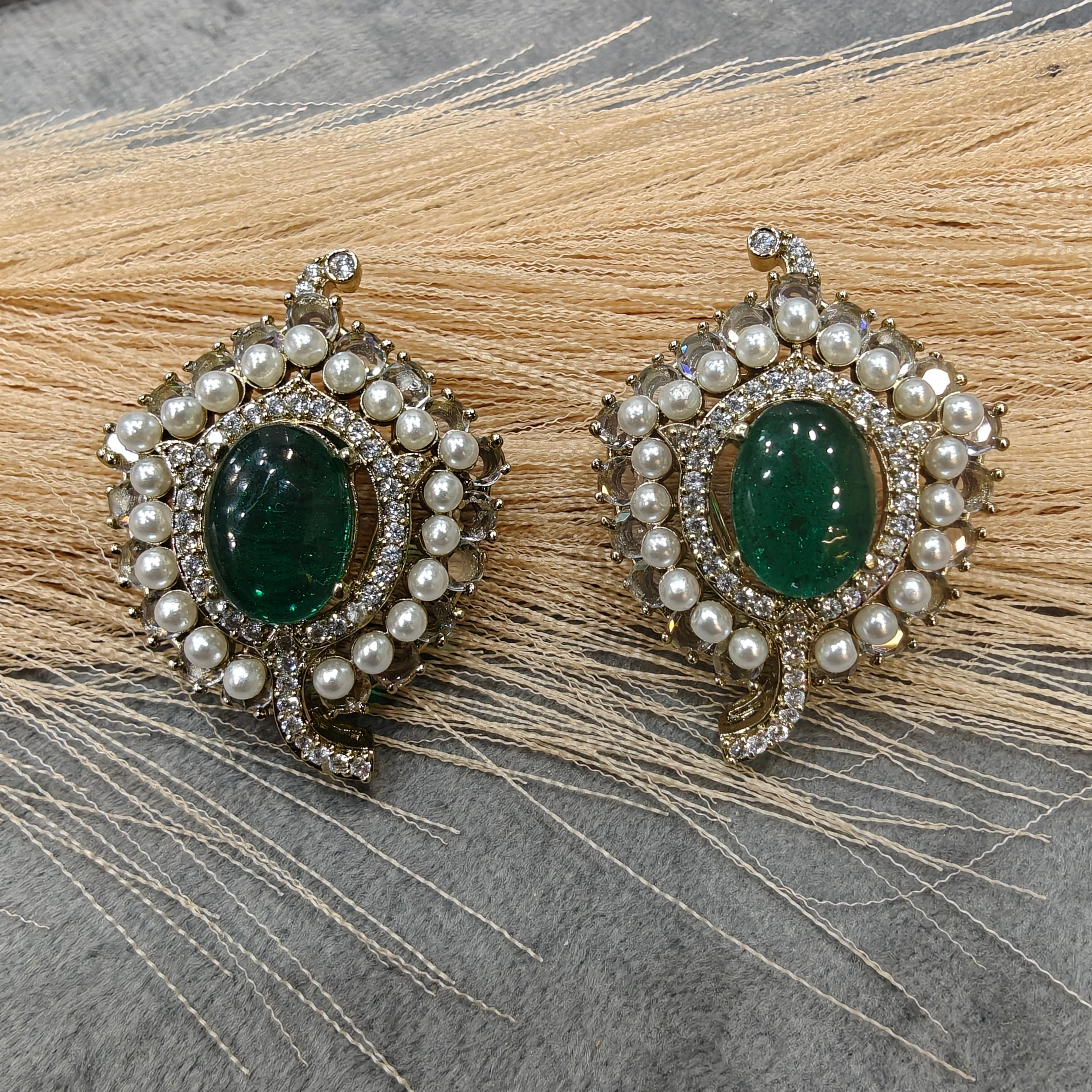 Ruksaar Cabochon Doublet and Cut Polki Studs- Emerald