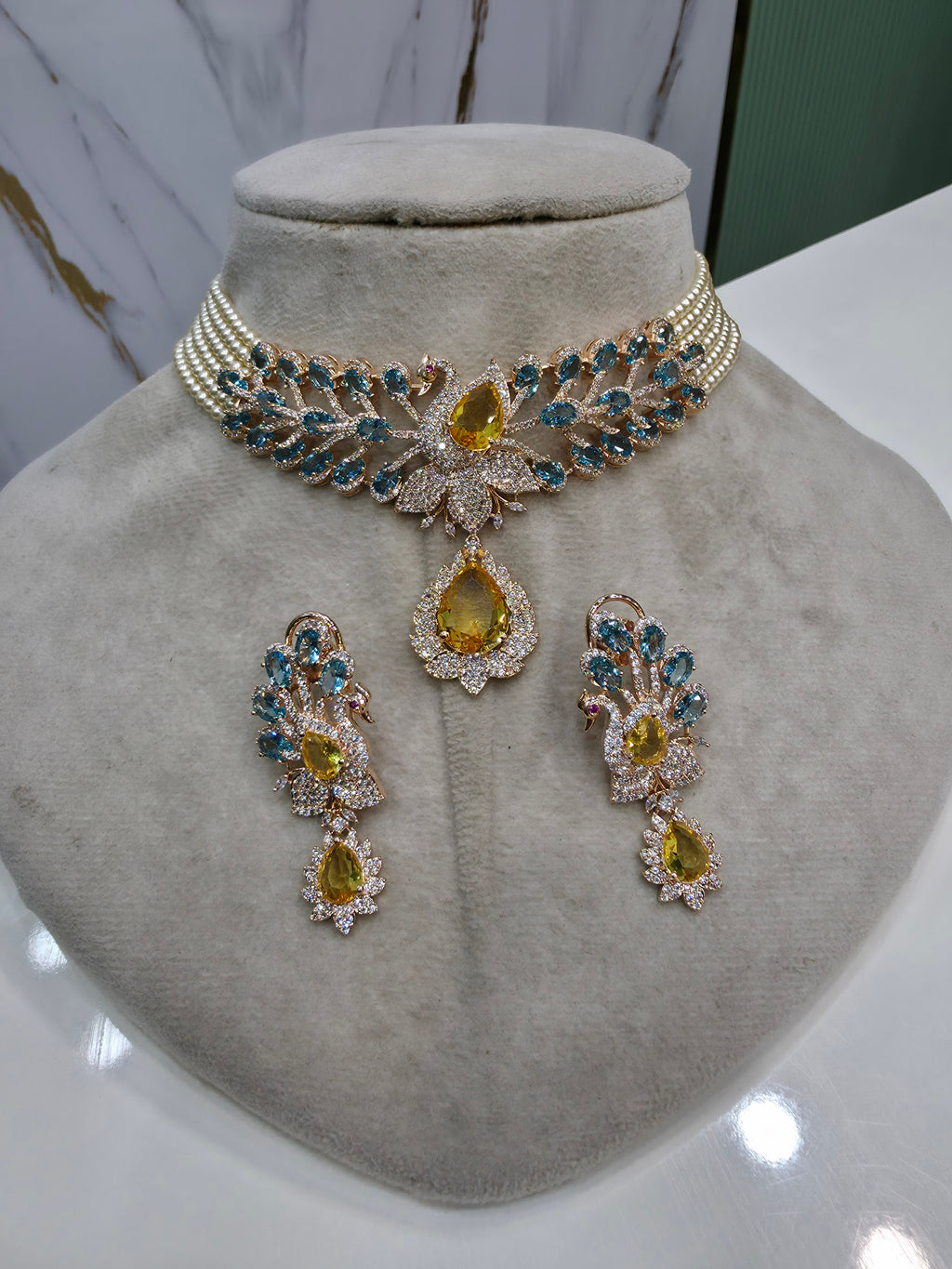 Mayura Hazoori Inspired Doublet and Pearl Choker Necklace Set- Teal Yellow