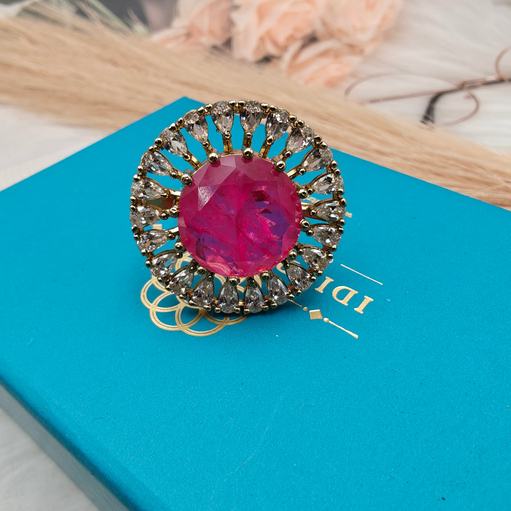 Naisha Doublet AD Adjustable Cocktail Ring- Hot Pink