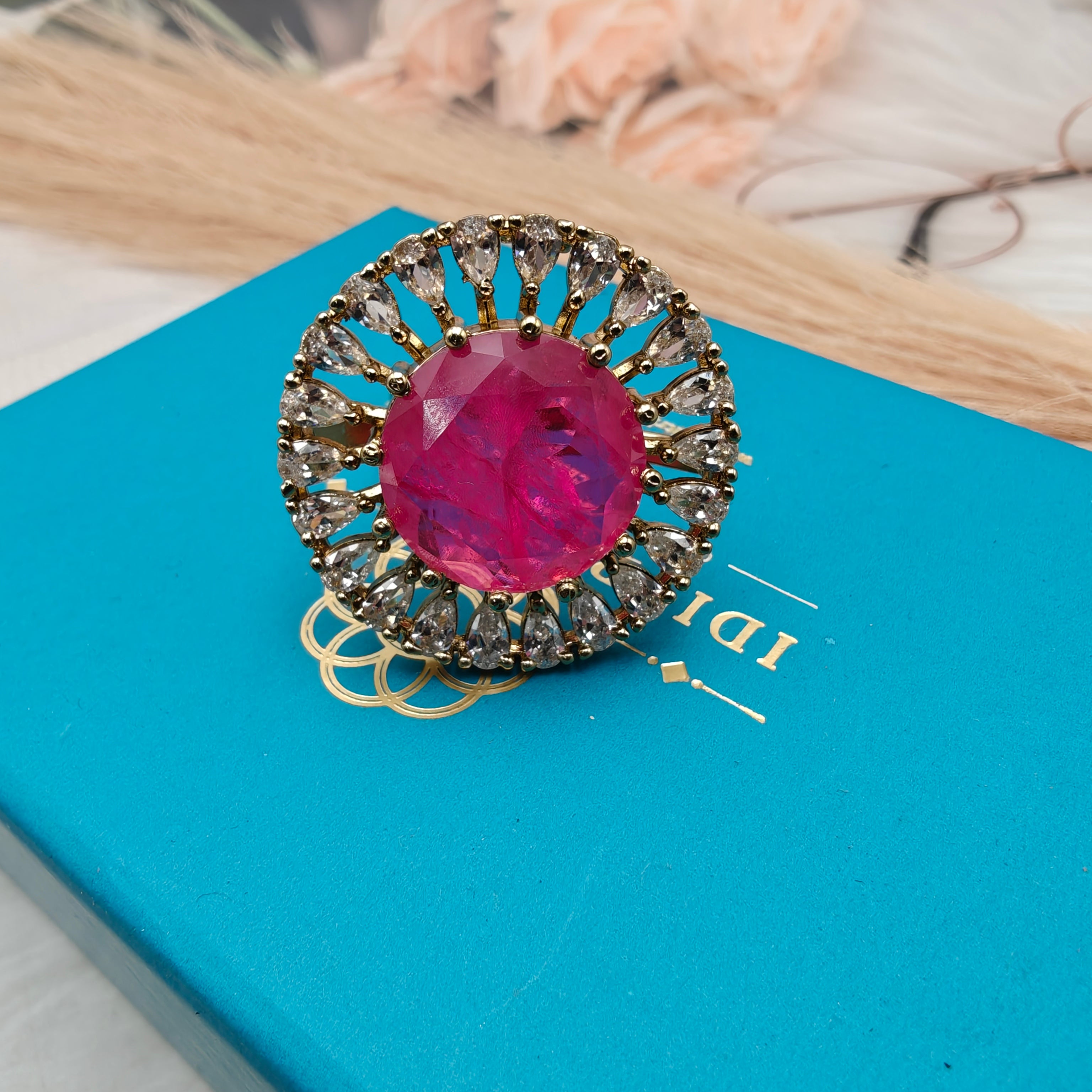 Naisha Doublet AD Adjustable Cocktail Ring- Hot Pink