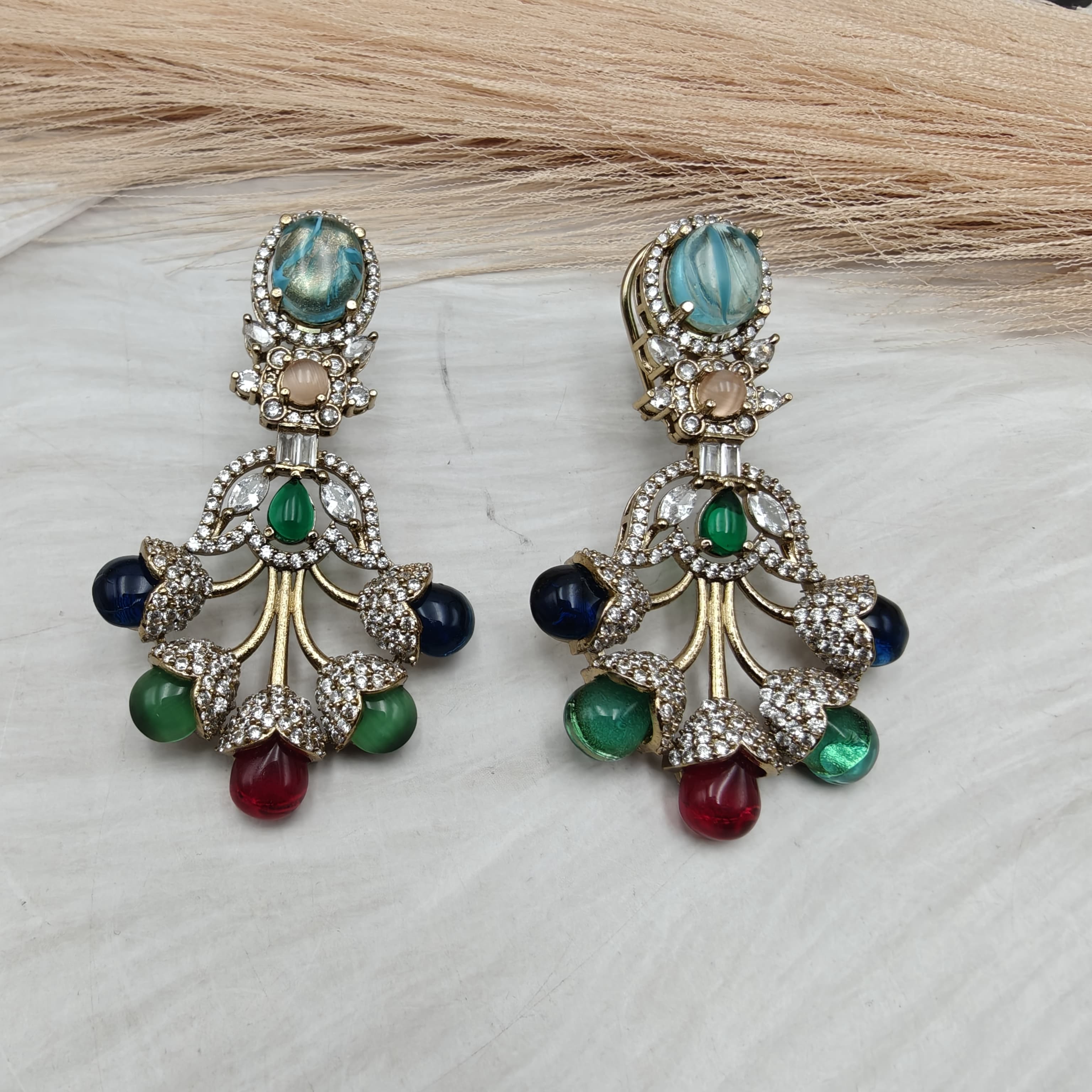 Ambika Statement Gemstone Earrings- Sky Blue Multi