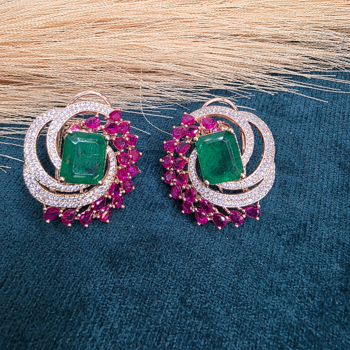 Ragini Doublet Rose Gold Finish Studs- Emerald Ruby Pink