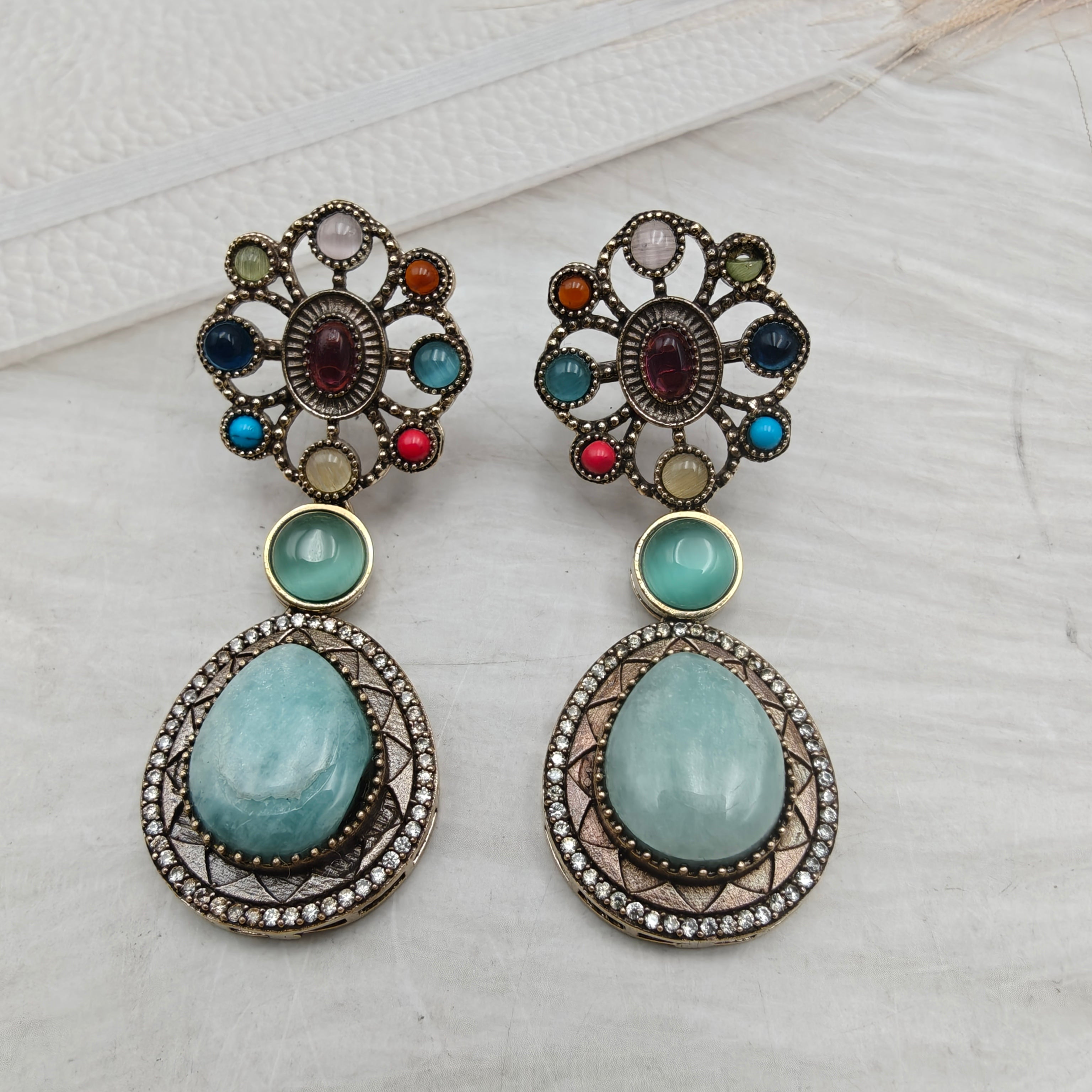 Ruban Gemstone Earrings- Aquamarine Multi