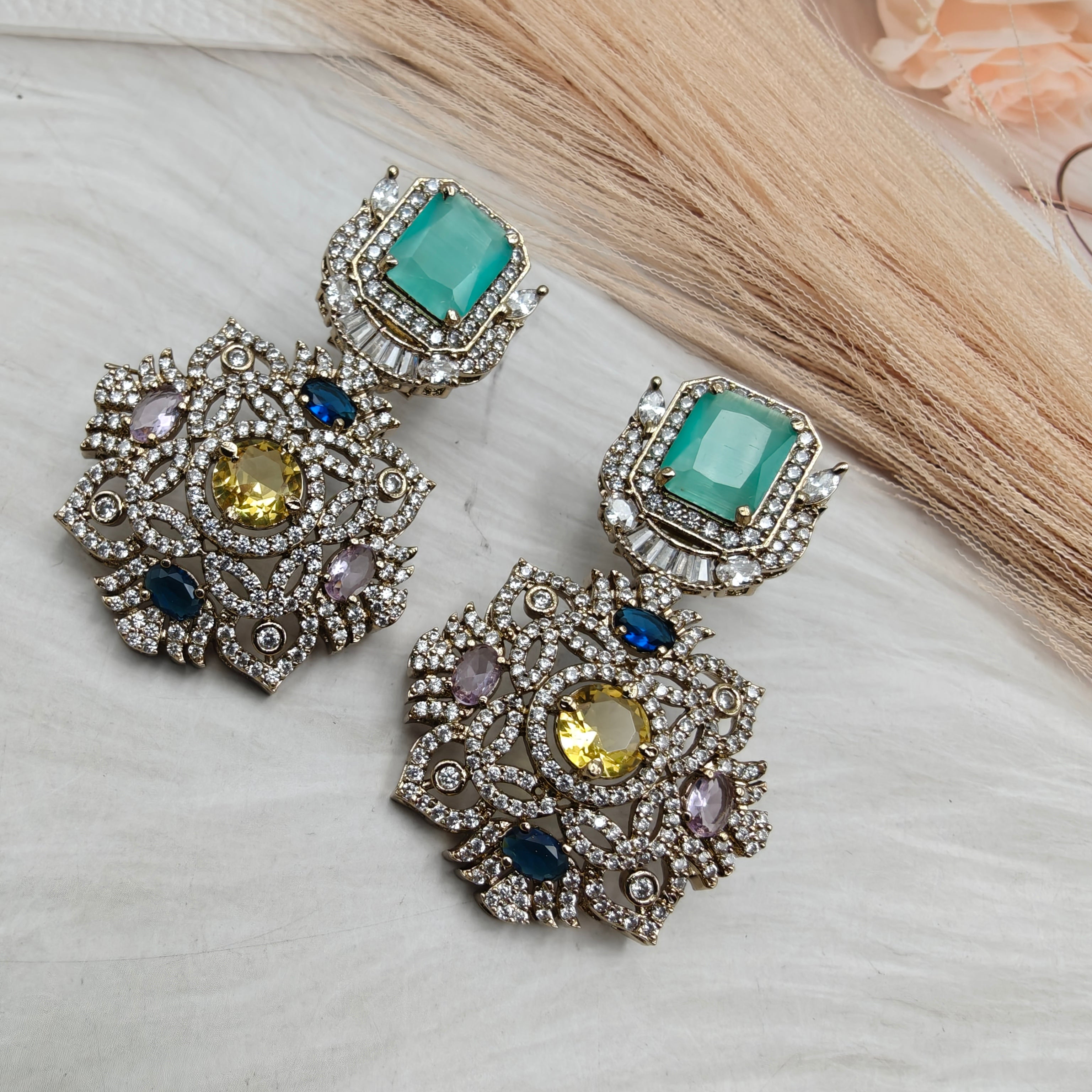 Virgya Sabyasachi Inspired Quartz Statement Earrings- Mint Multi