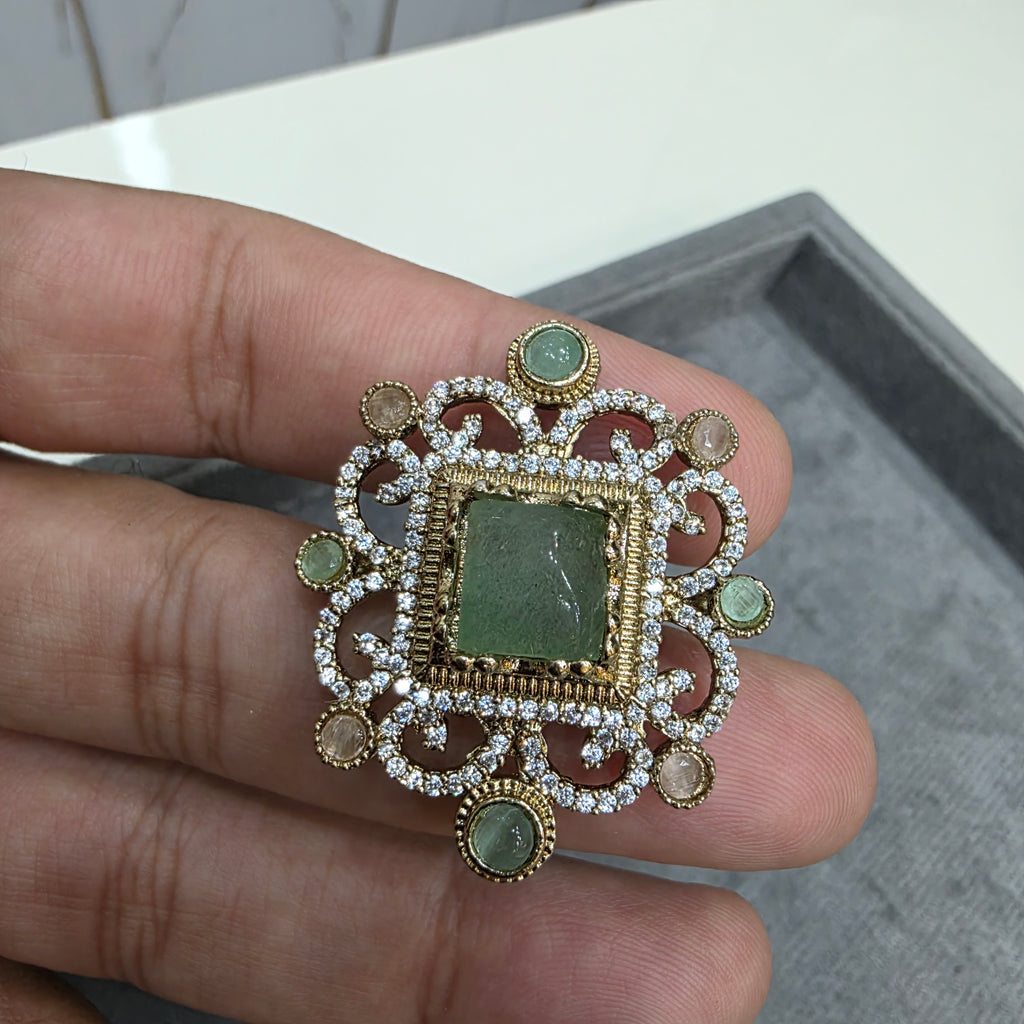 Akshika Sabya Inspired Natural Stone Adjustable Ring- Mint Pink