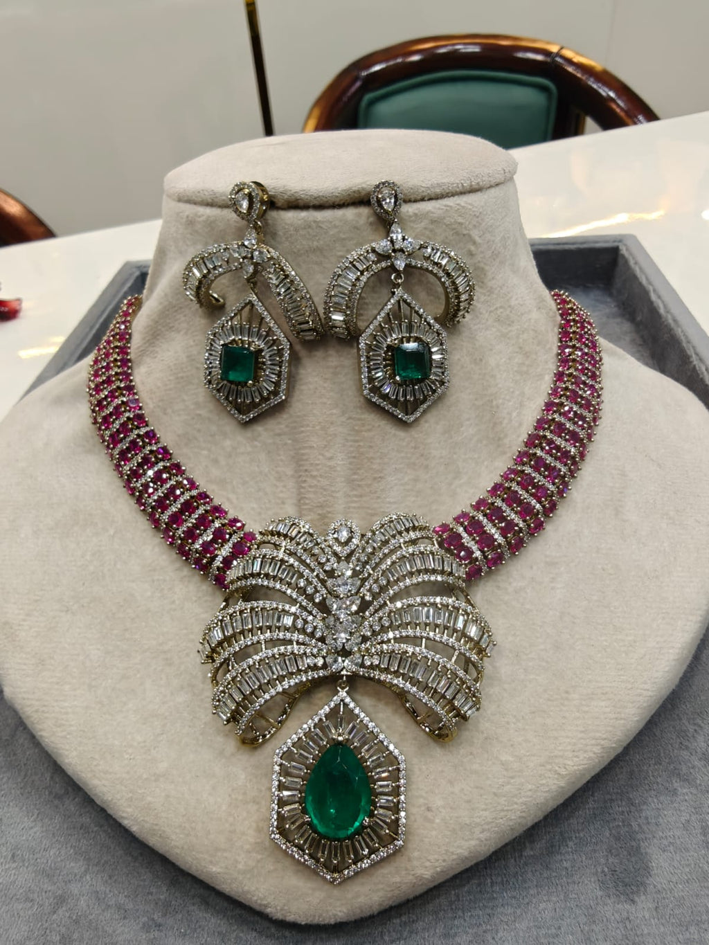 Palm Tree Sabya Inspired Baguette and Doublet Necklace Set- Ruby and Green