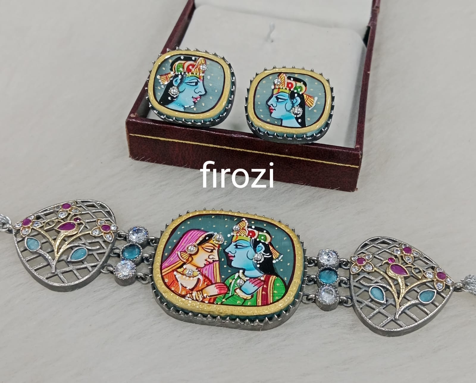 Radha Krishna Tanjore German Silver Choker Set- Sky Blue