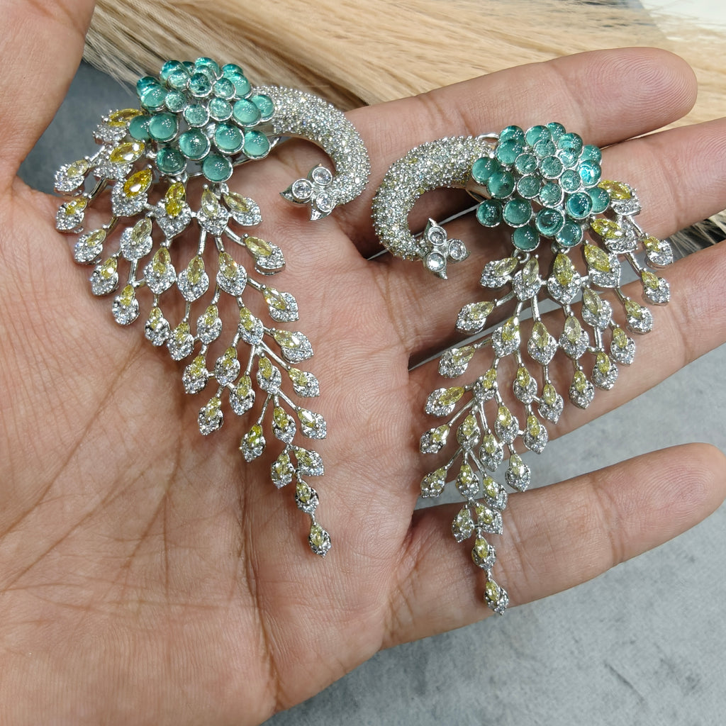 Vantara Peacock Statement Silver Plated Earrings- Aqua Green and Yellow Citirine