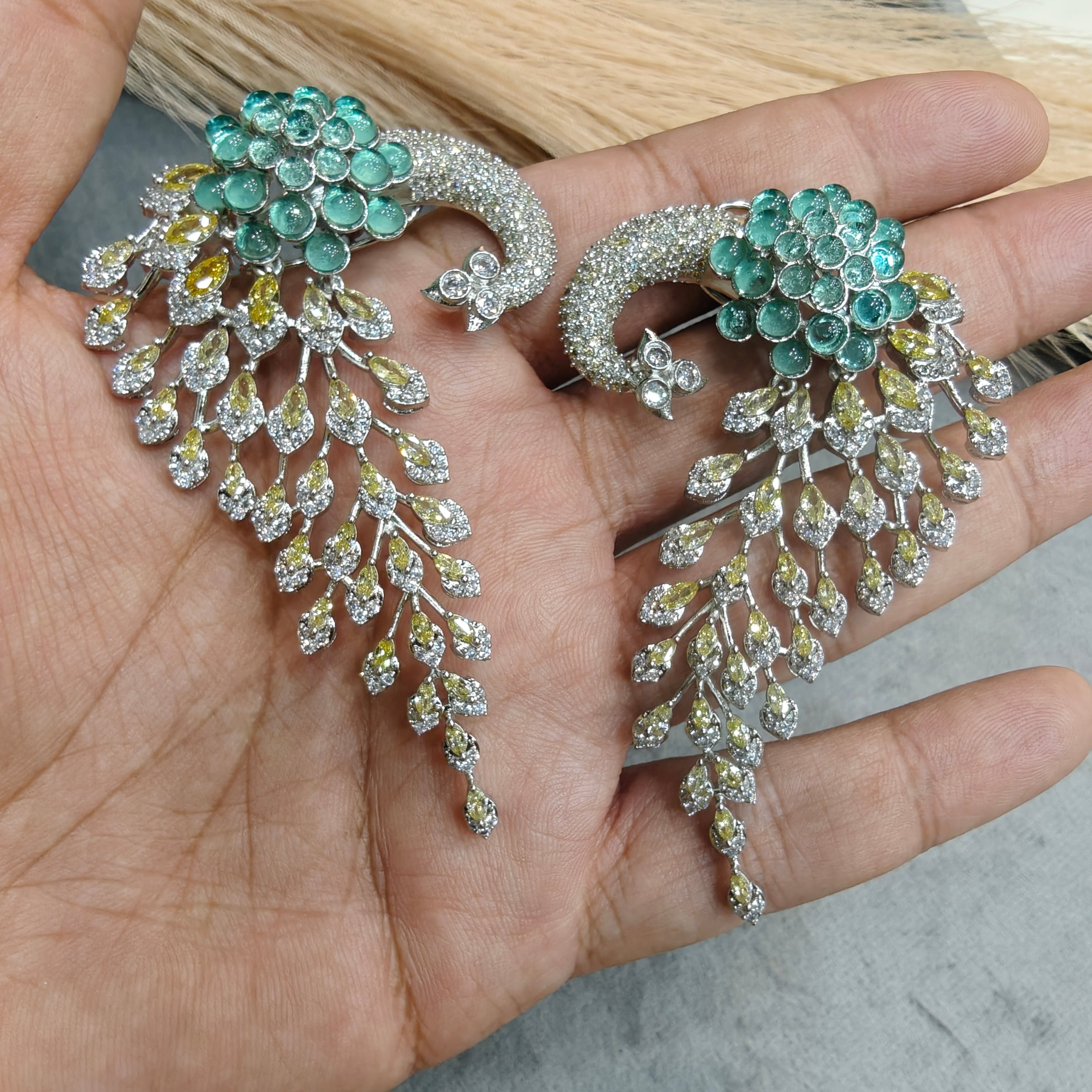 Vantara Peacock Statement Silver Plated Earrings- Aqua Green and Yellow Citirine