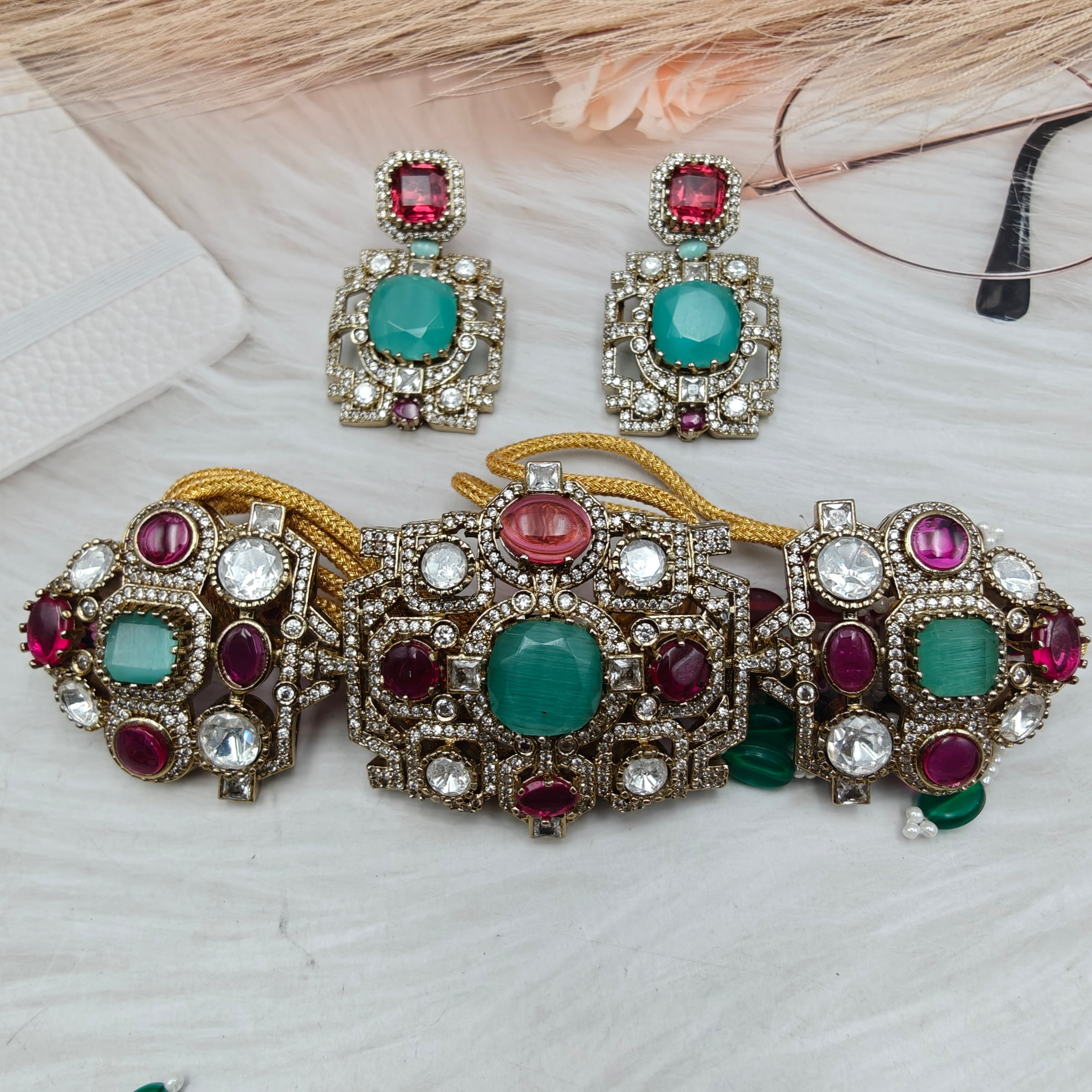 Sabyasachi Inspired Vatsala Multi Choker Set- Mint Ruby