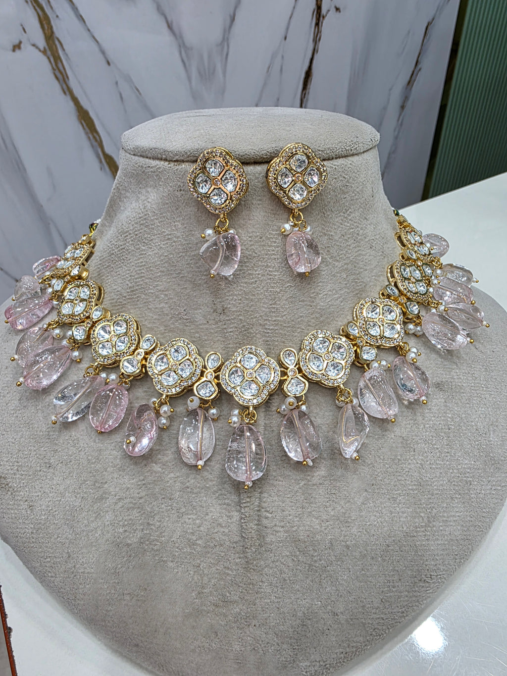 Anvesha Tyani Kundan Necklace Set- Baby Pink
