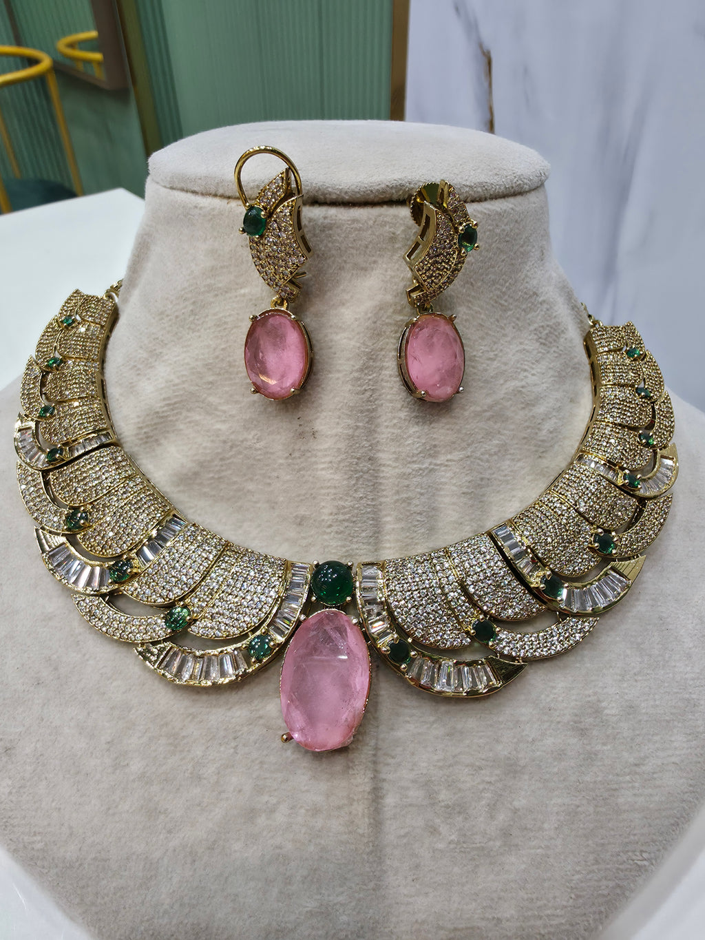 Zareen Doublet CZ Statement Necklace Set- Pink