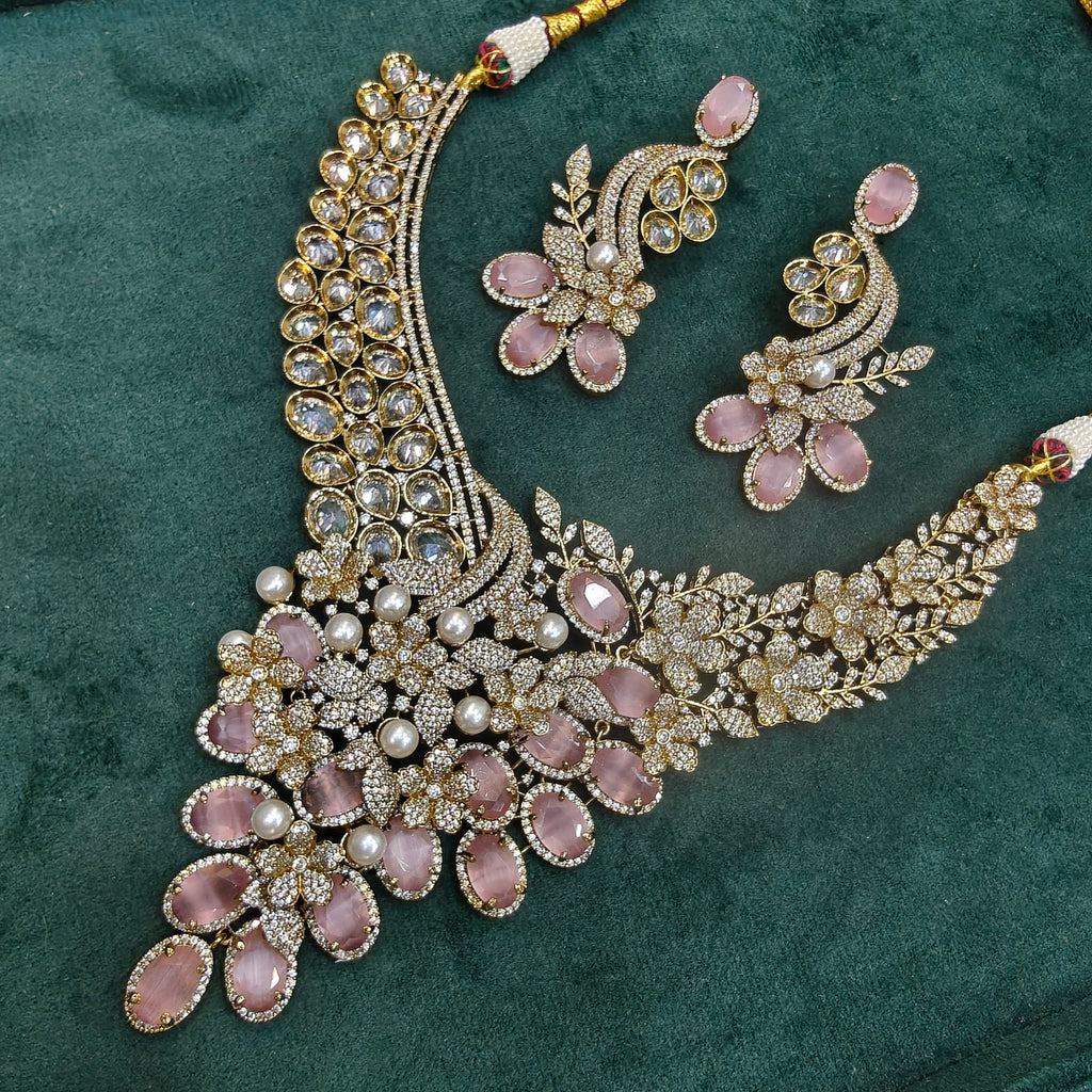 Trisha Premium Statement Necklace Set- Pink