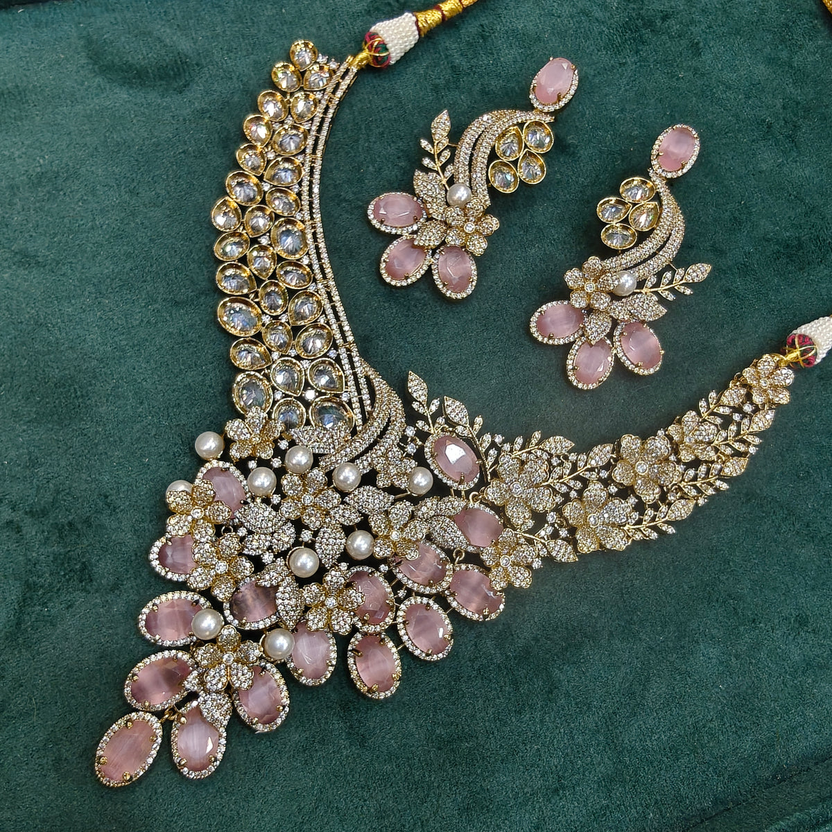 Trisha Premium Statement Necklace Set- Pink