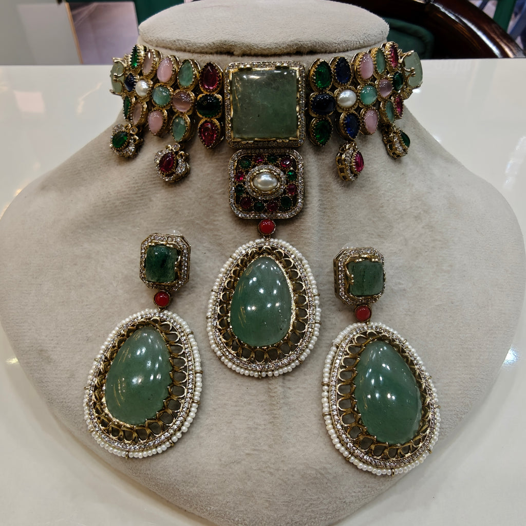 Alokika Sabya Inspired Pearl and Natural Stone Necklace Set- Mint Multi
