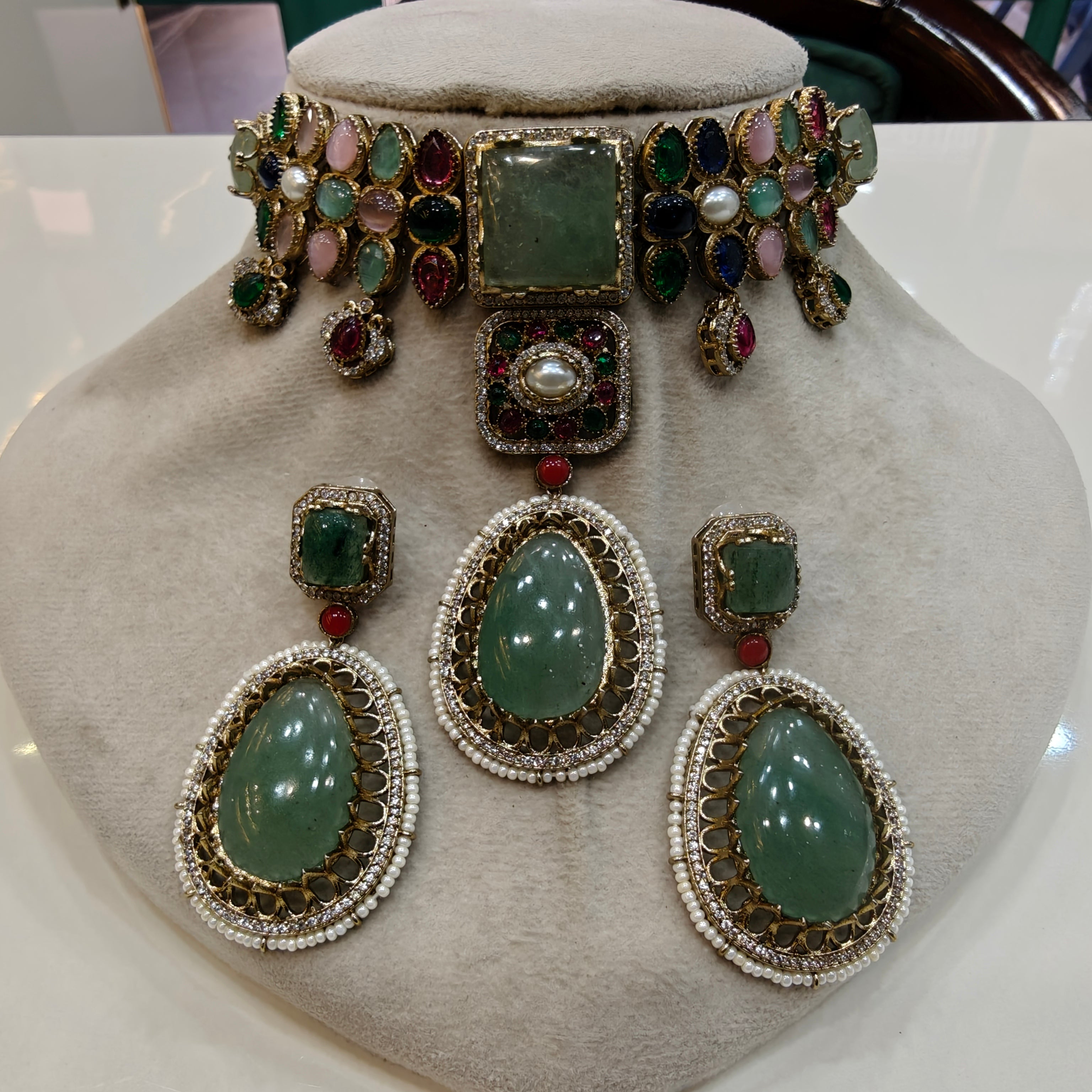 Alokika Sabya Inspired Pearl and Natural Stone Necklace Set- Mint Multi