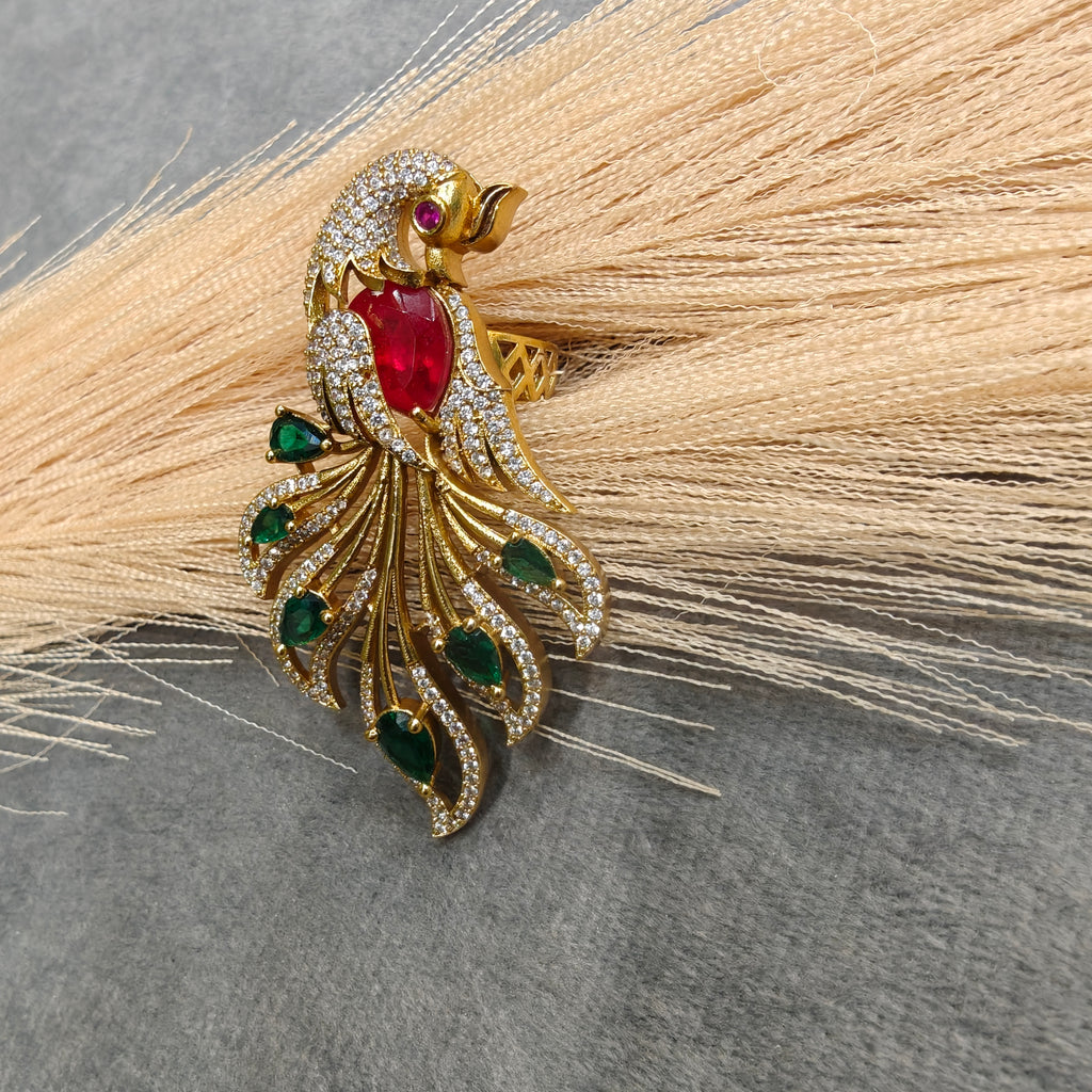 Vantara Mayura Adjustable Finger Ring- Red and Green