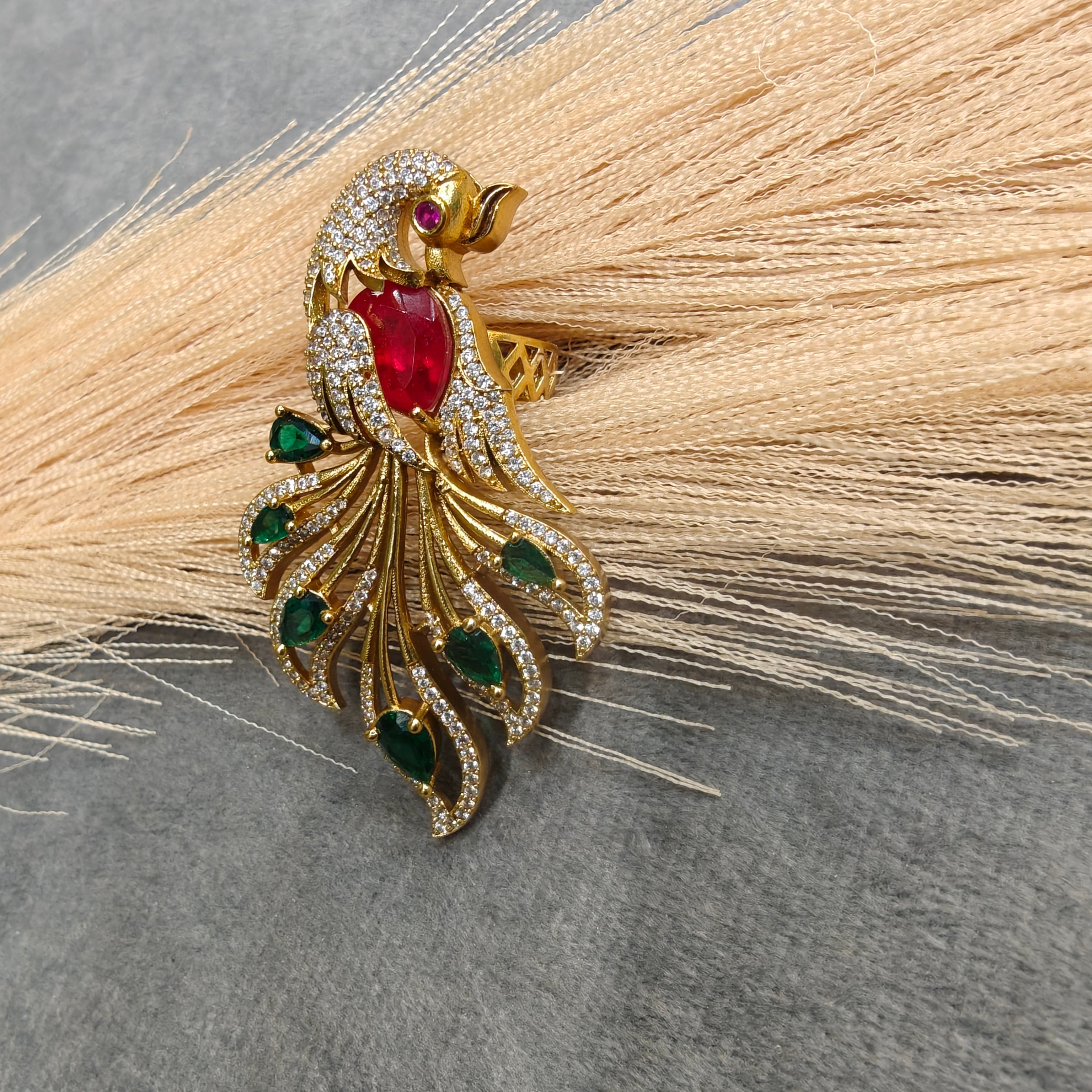Vantara Mayura Adjustable Finger Ring- Red and Green