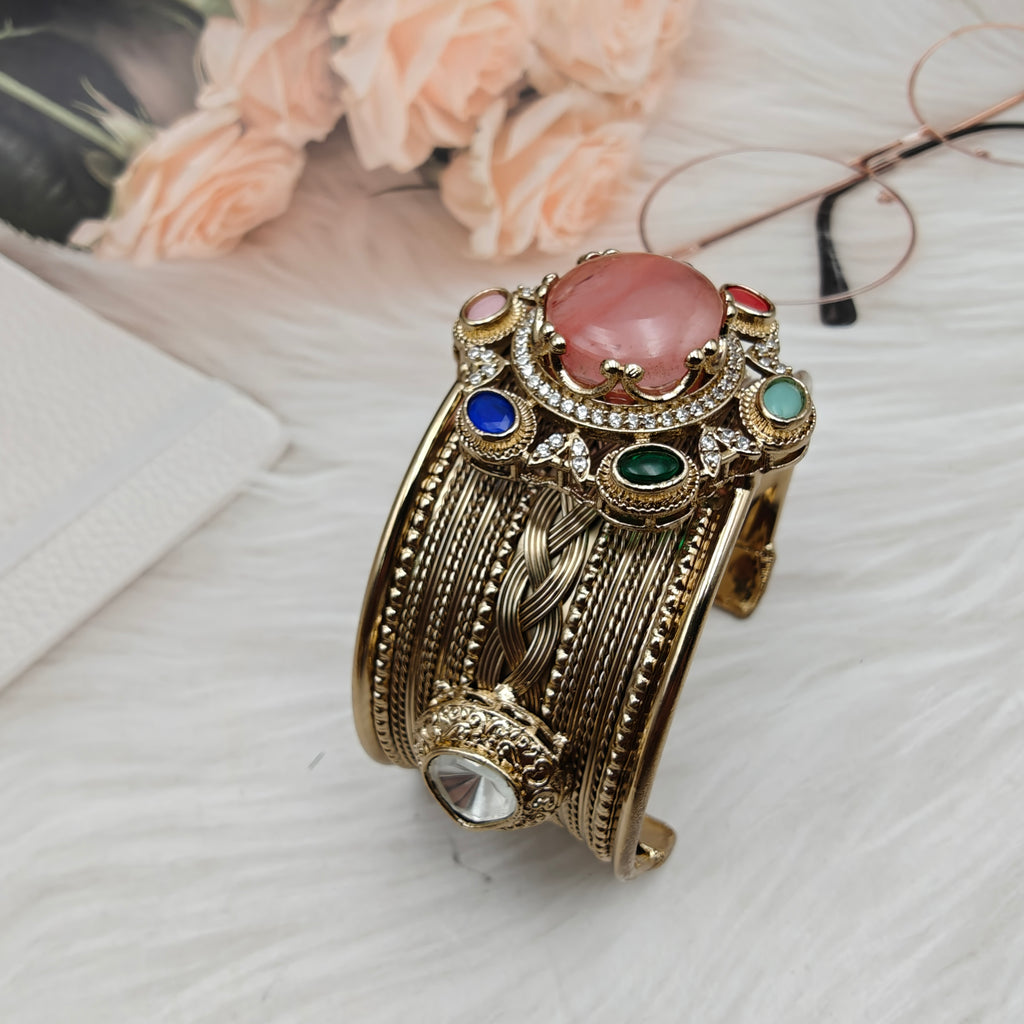 Sabya Inspired Navina Handcrafted Natural Stone Handcuff - Pink Coral
