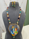 Radha Krishna Natural Stone Tanjore Necklace Set- Multi