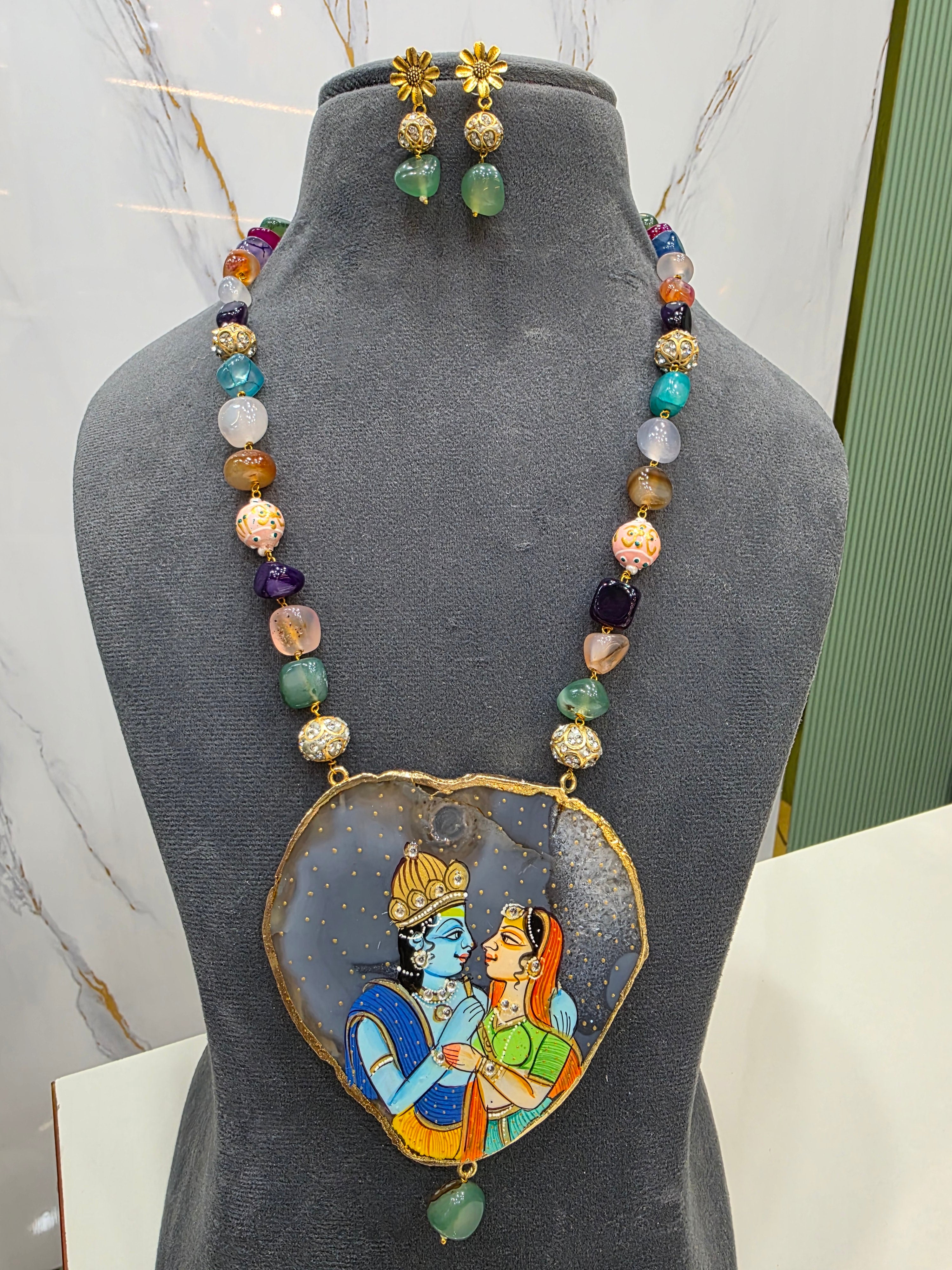Radha Krishna Natural Stone Tanjore Necklace Set- Multi