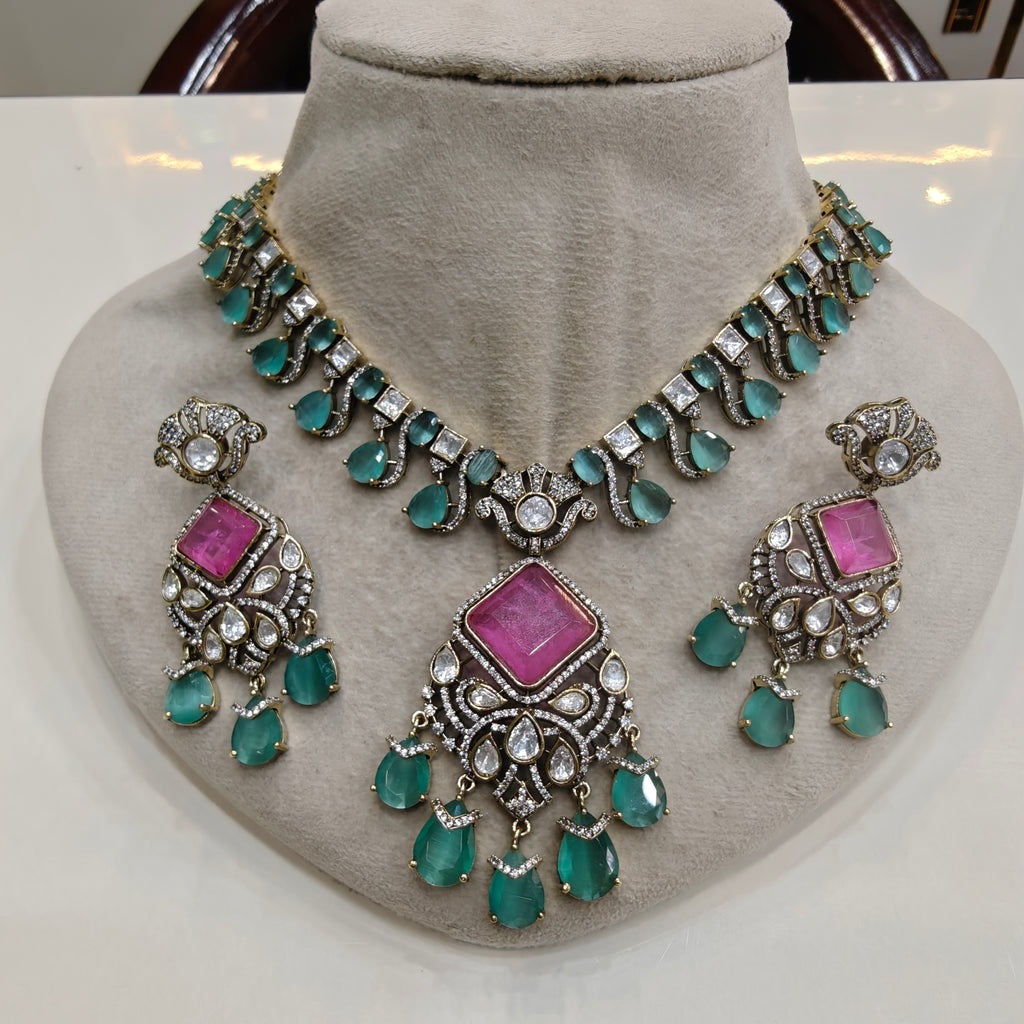 Madhu Doublet Necklace Set- Mint and Pink