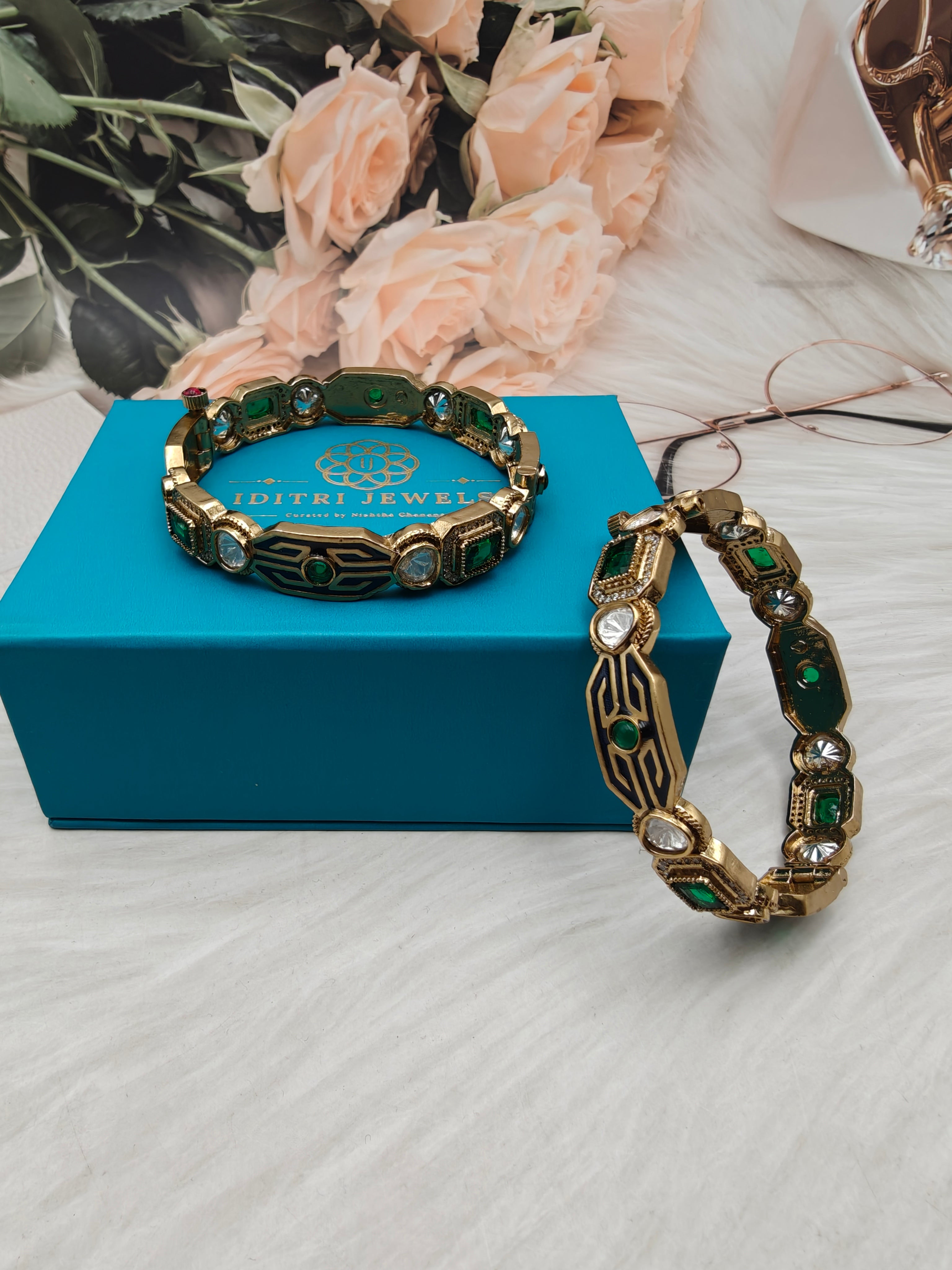Sargam Enamel and Moissanite Openable Bangles- Green