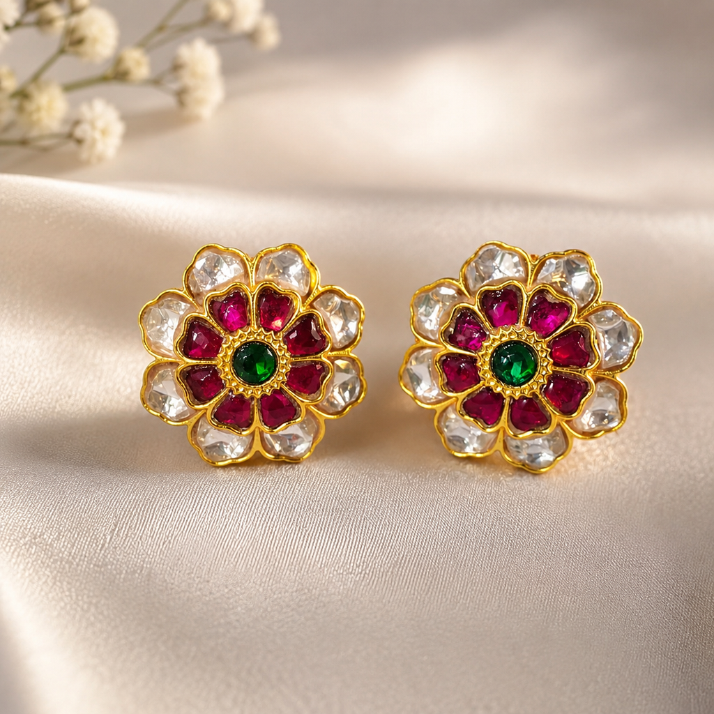 Kusum Jadau Pachi Kundan Gold plated Studs - Ruby Green