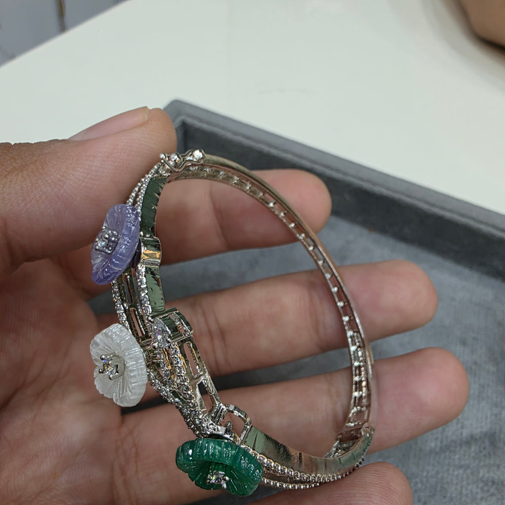 Shreya Carved Stone Openable Bracelet (Silver Plating)- Multi