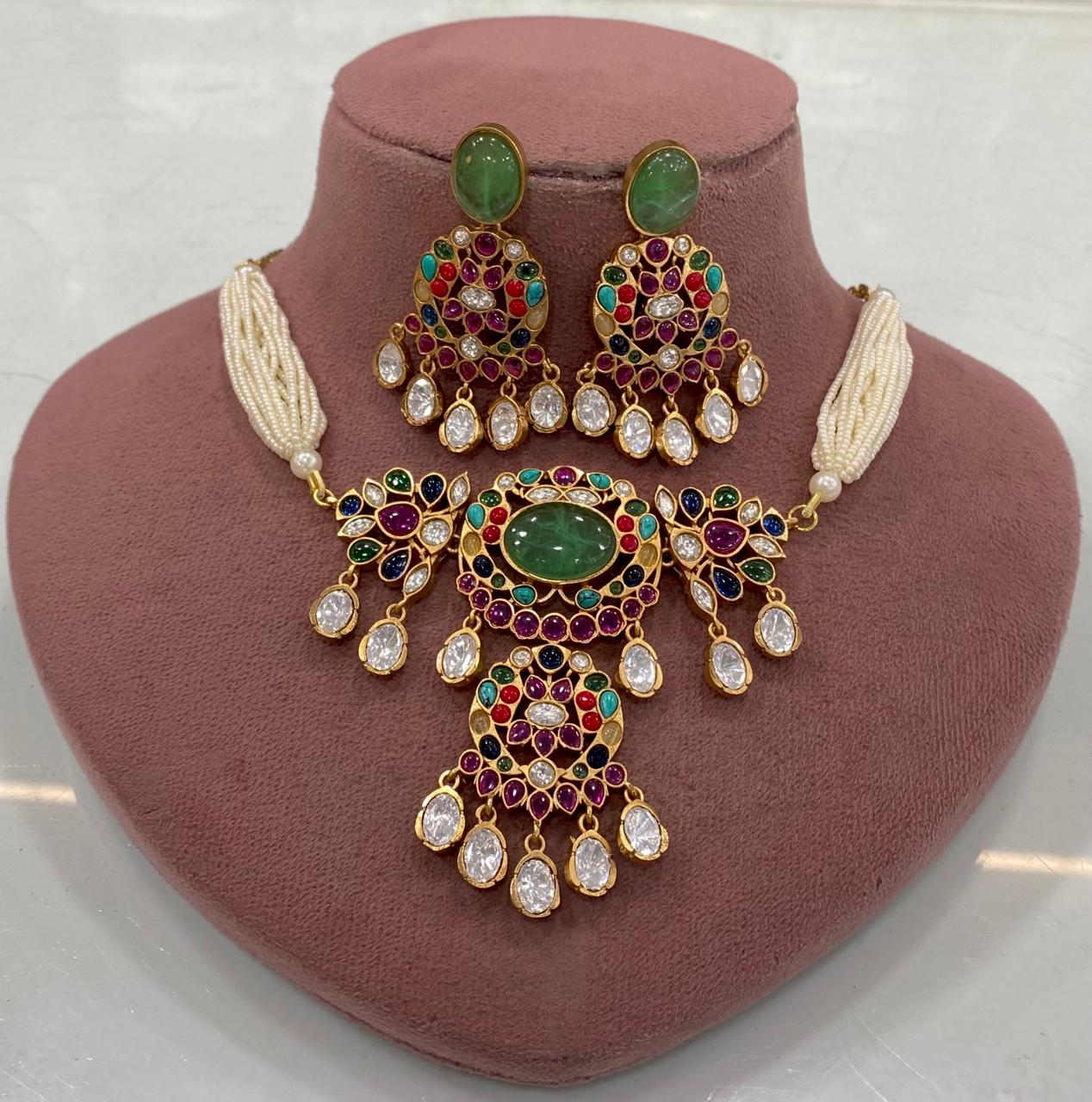 Sabyasachi Inspired Gehna Navratana Stone Choker Set- Mint Green