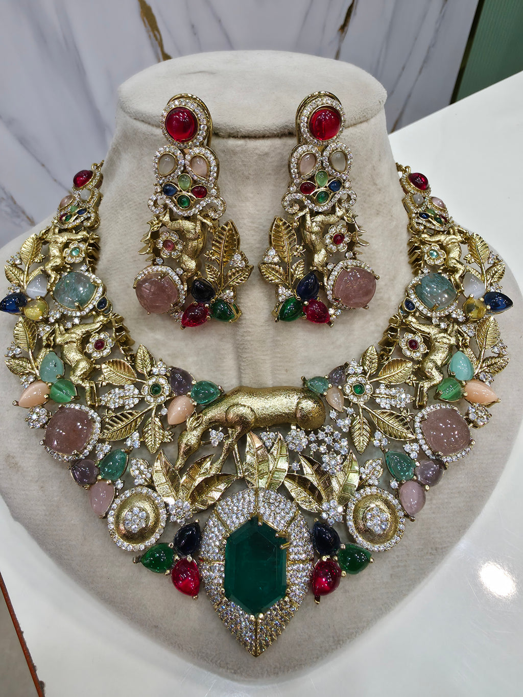 Aranya Vantara Semi Precious Stones Statment Necklace Set- Green Multi