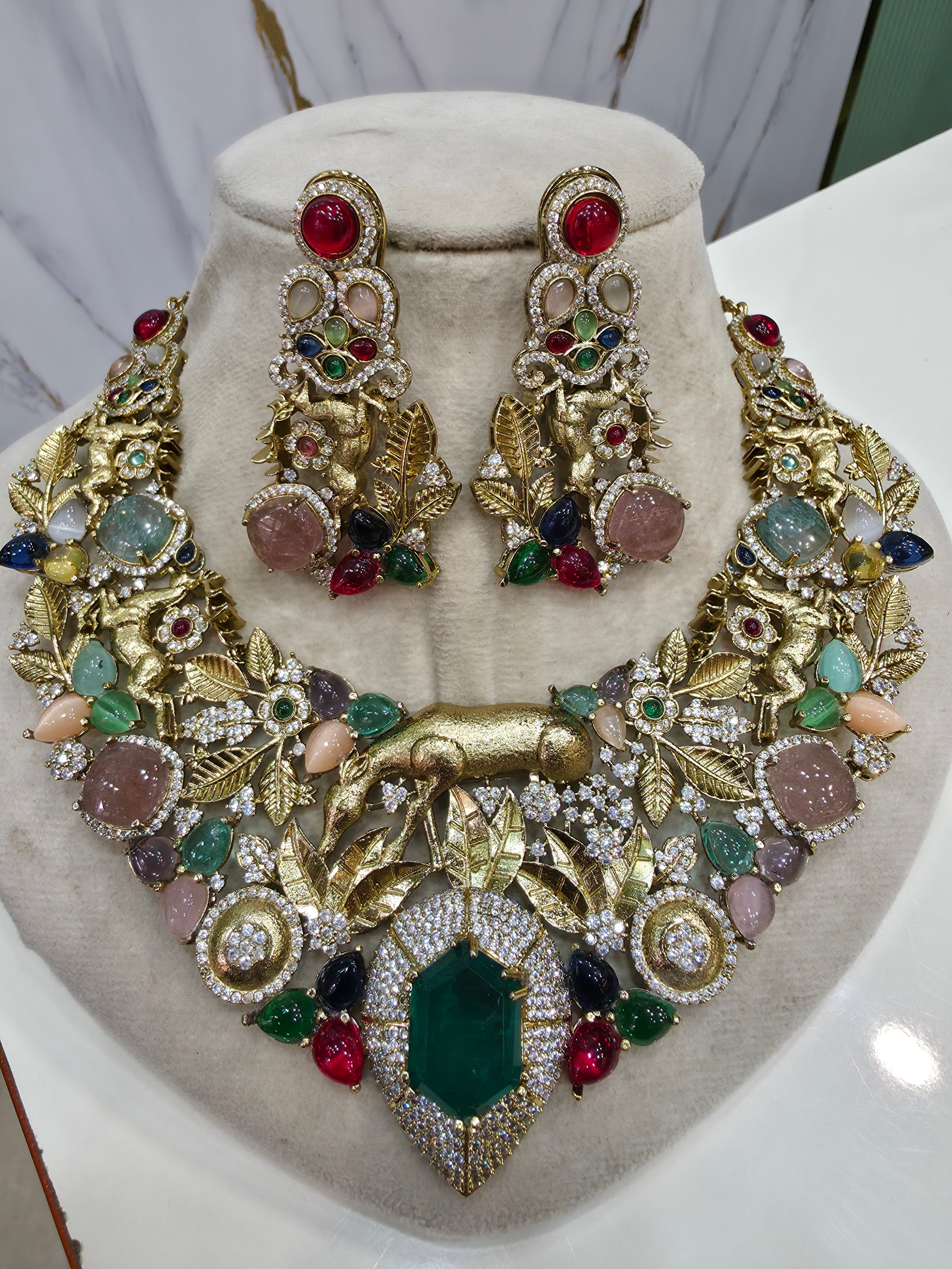 Aranya Vantara Semi Precious Stones Statment Necklace Set- Green Multi