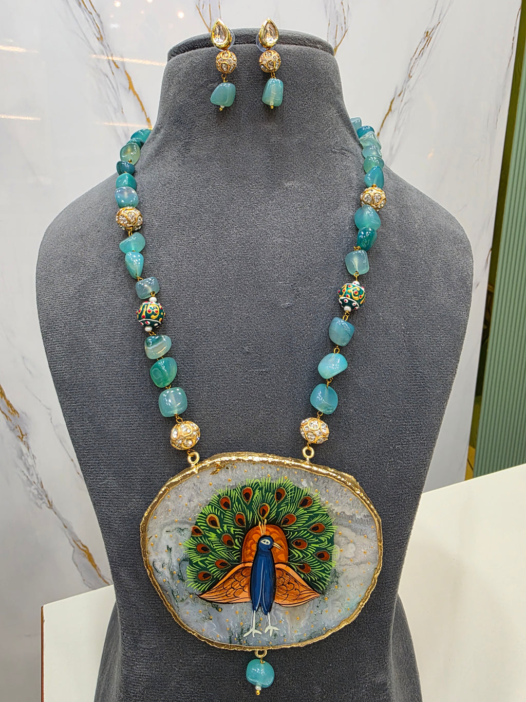 Peacock Tanjore Natural Stone Necklace Set - Aqua Green